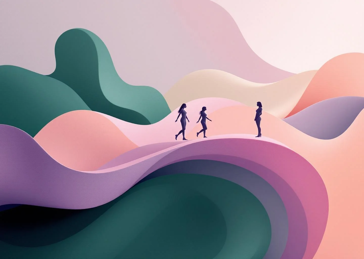 An abstract illustration representing women's health and longevity, featuring soft shapes and pastel colors, symbolizing different life stages and health aspects.