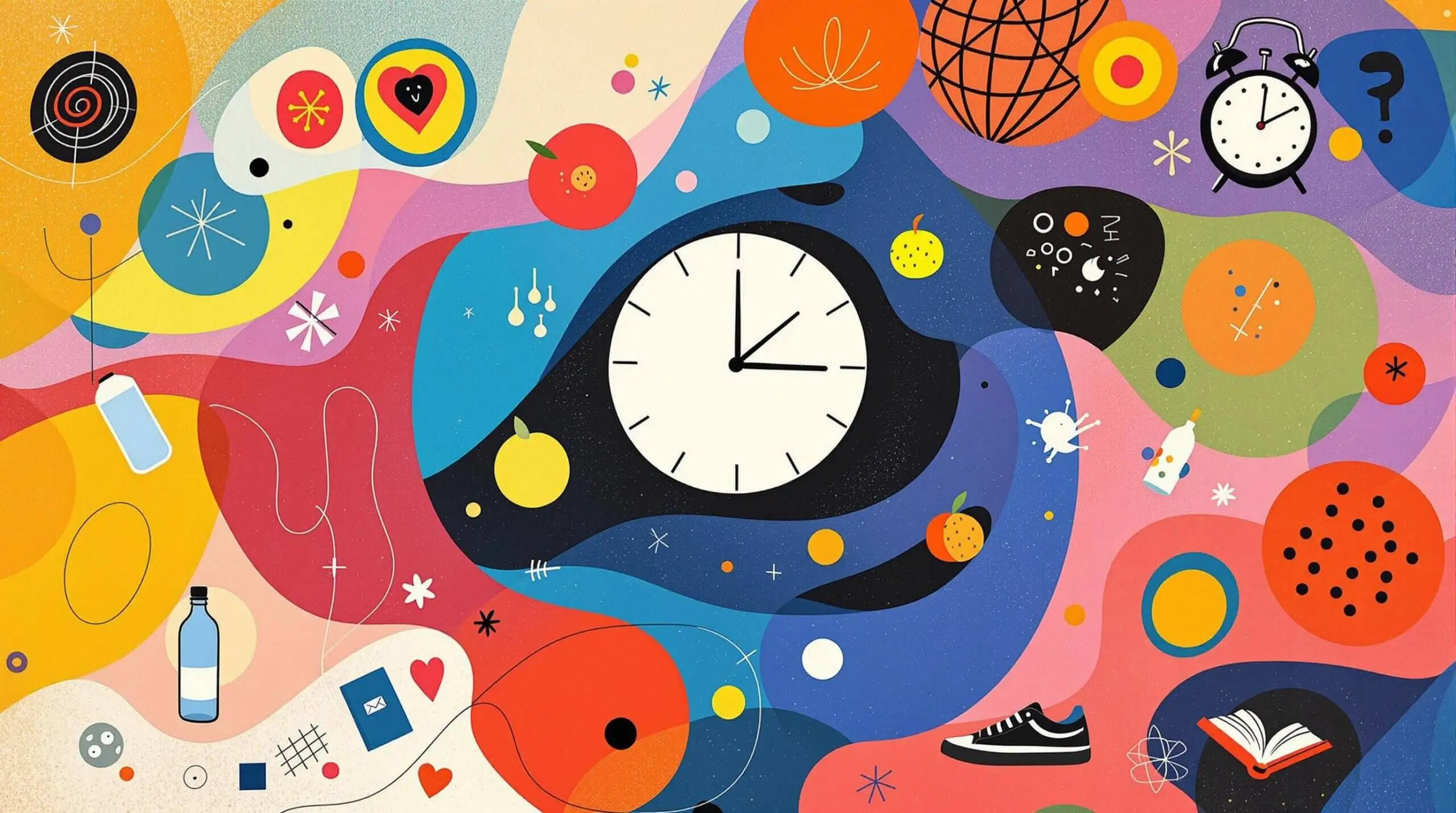 An abstract clock with small icons representing daily micro-habits surrounded by colorful patterns.