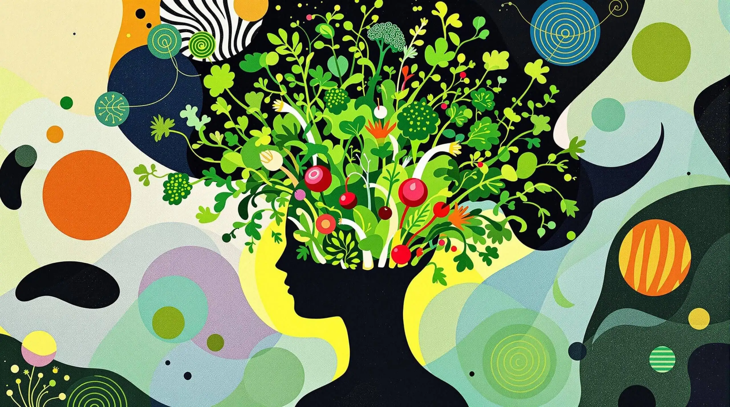 Illustration of microgreens emerging from a human silhouette reflecting their cellular health benefits.