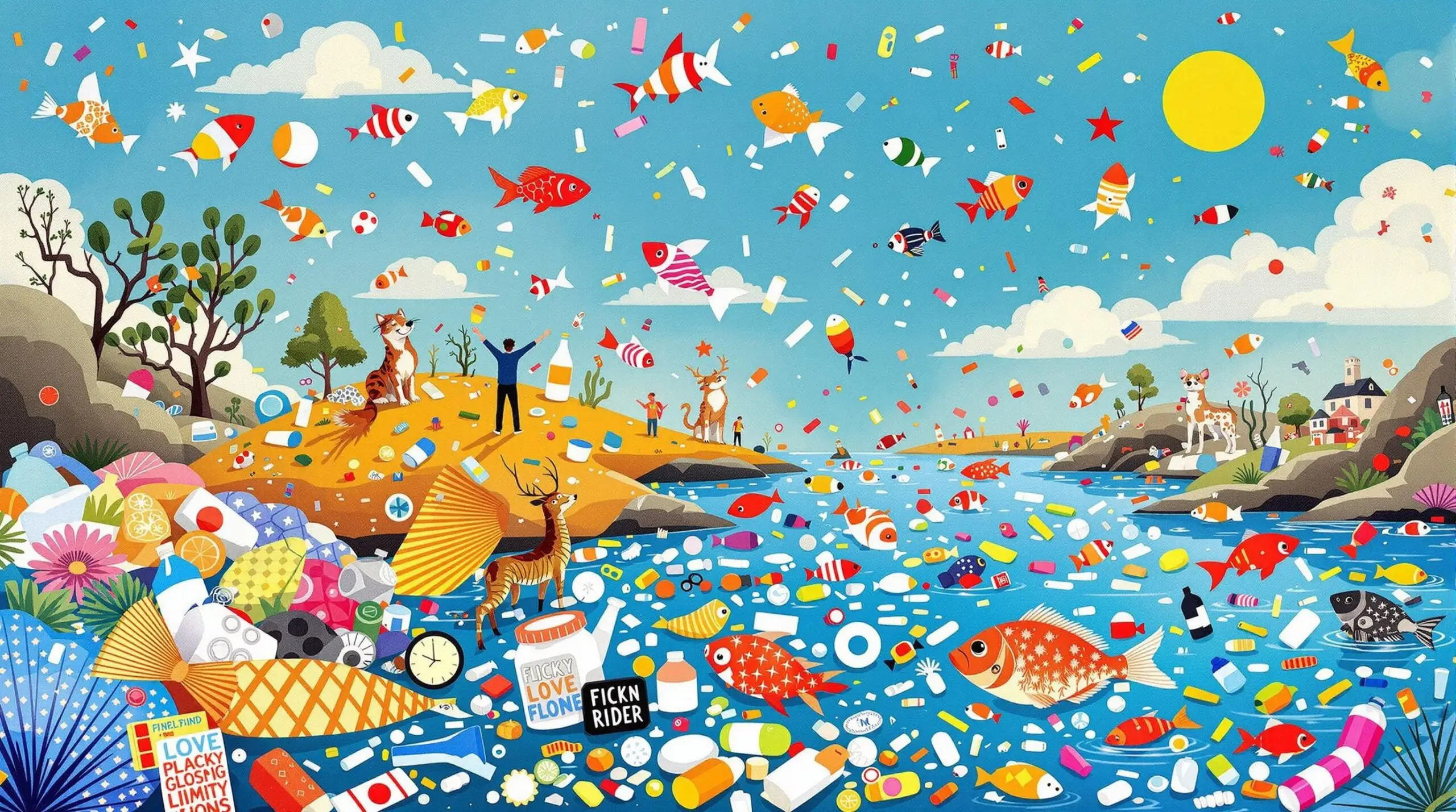 A collage illustration of a river filled with plastic waste and wildlife interacting with the debris, surrounded by abstract sky patterns.