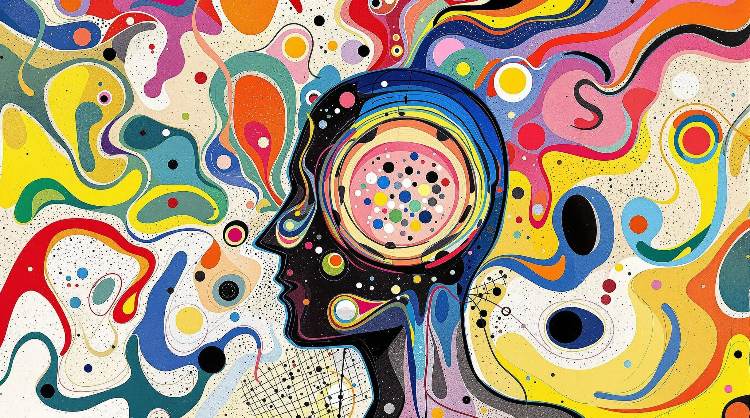 An abstract illustration of a fragment of human skin containing microplastic particles, set against a background of dynamic, colorful patterns.