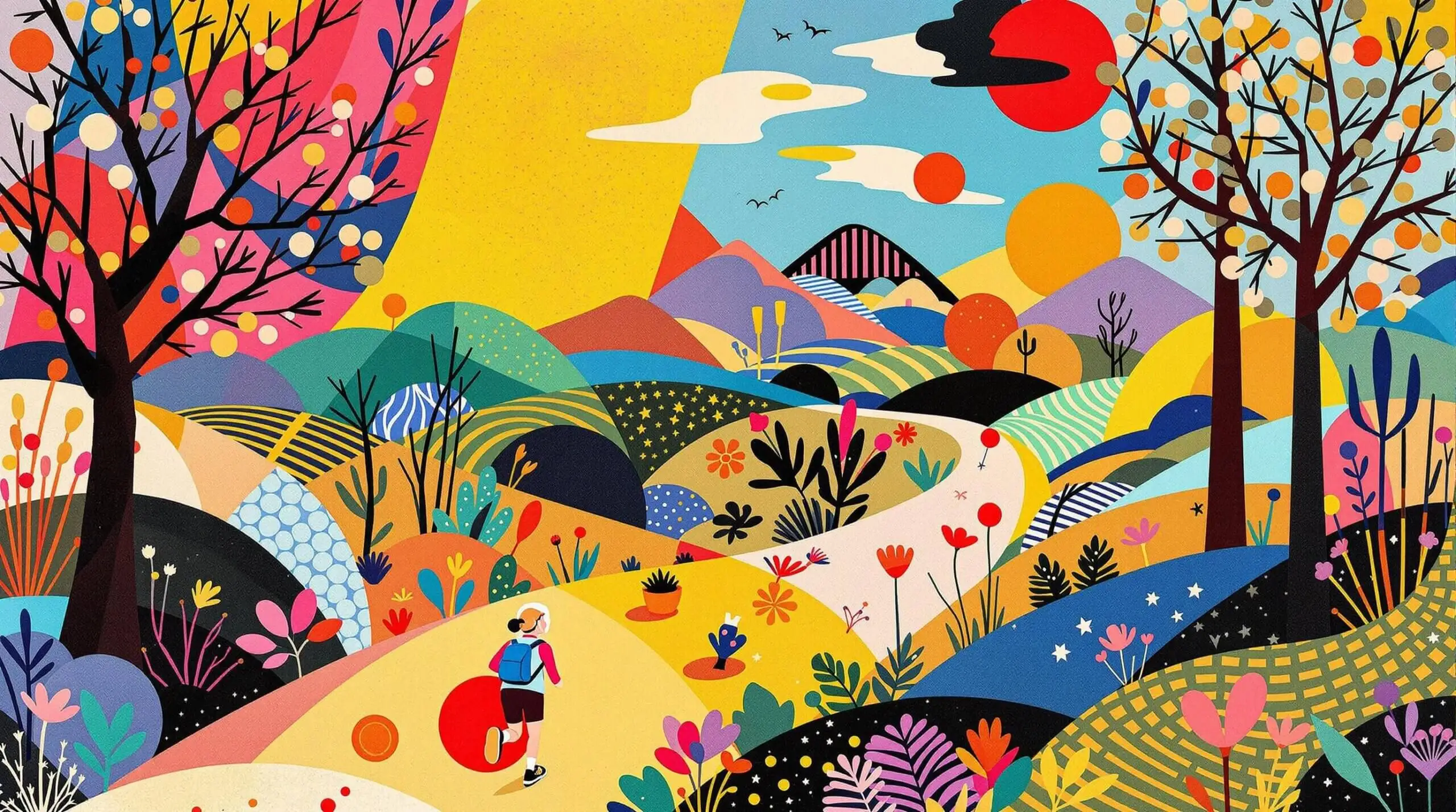 A joyful runner in an abstract and colorful landscape.