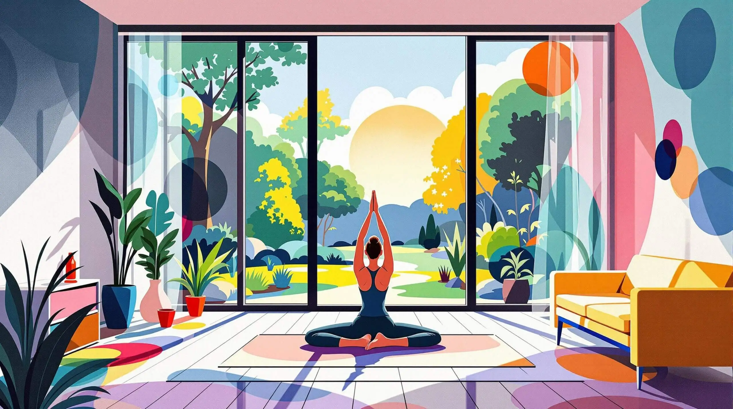 A person practicing yoga in a minimalist room with abstract shapes and bright colors.