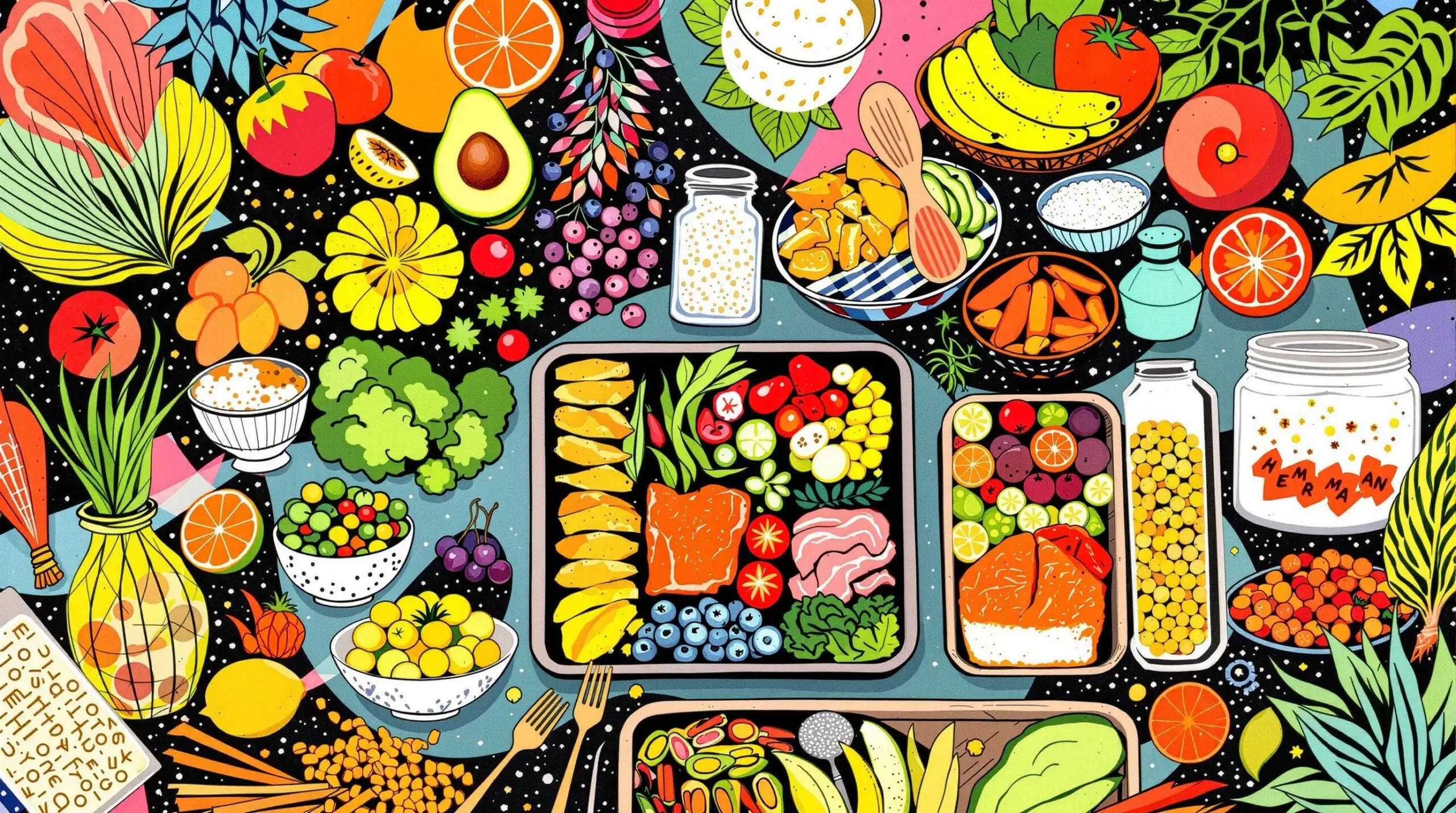 Illustration of a meal prep setup with healthy foods and an abstract, collage-style background.