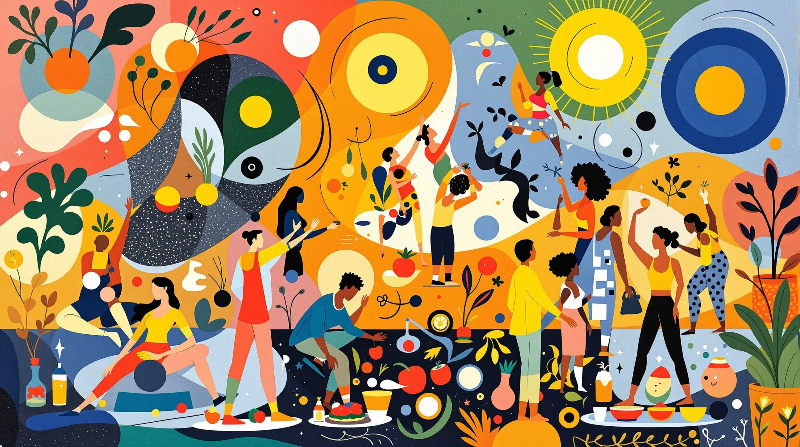 Illustration of people engaging in yoga, cycling, and cooking healthy meals with an abstract background.