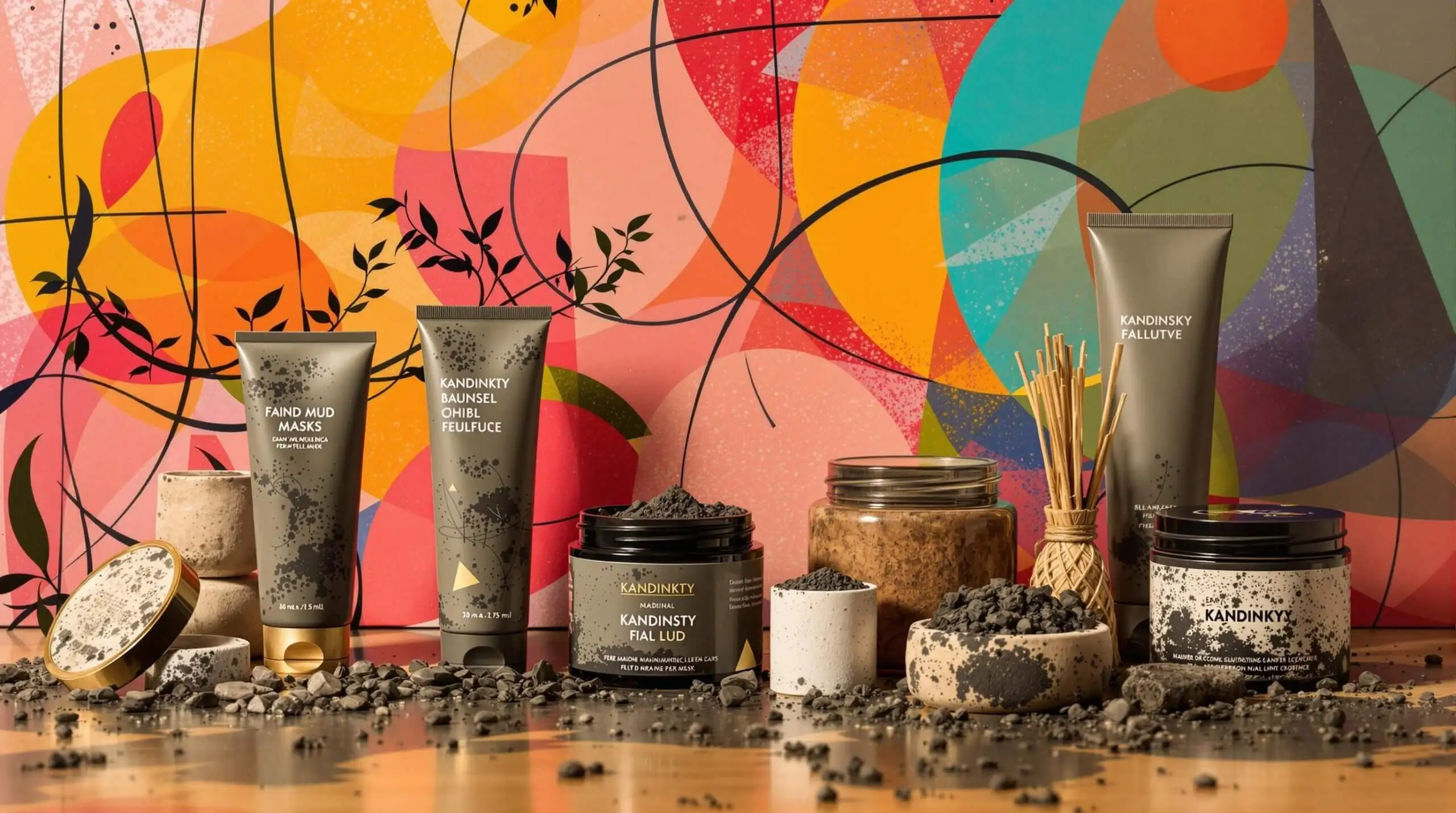 Abstract art showing mud masks and skincare products with geometric patterns.