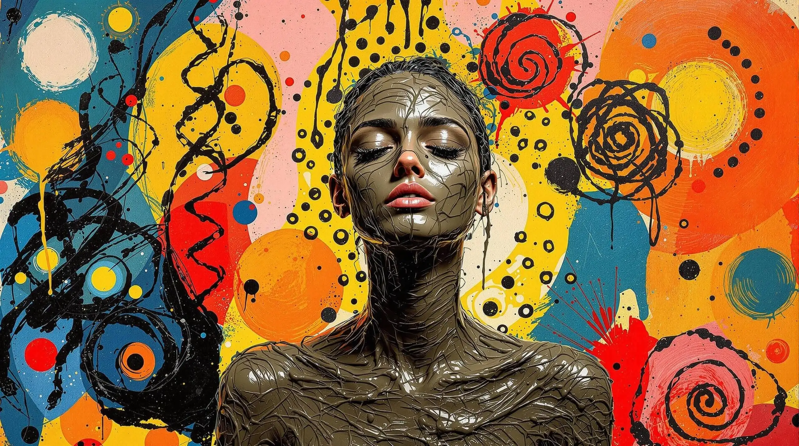 A person enjoying a mud bath in an abstract illustration with colorful patterns.