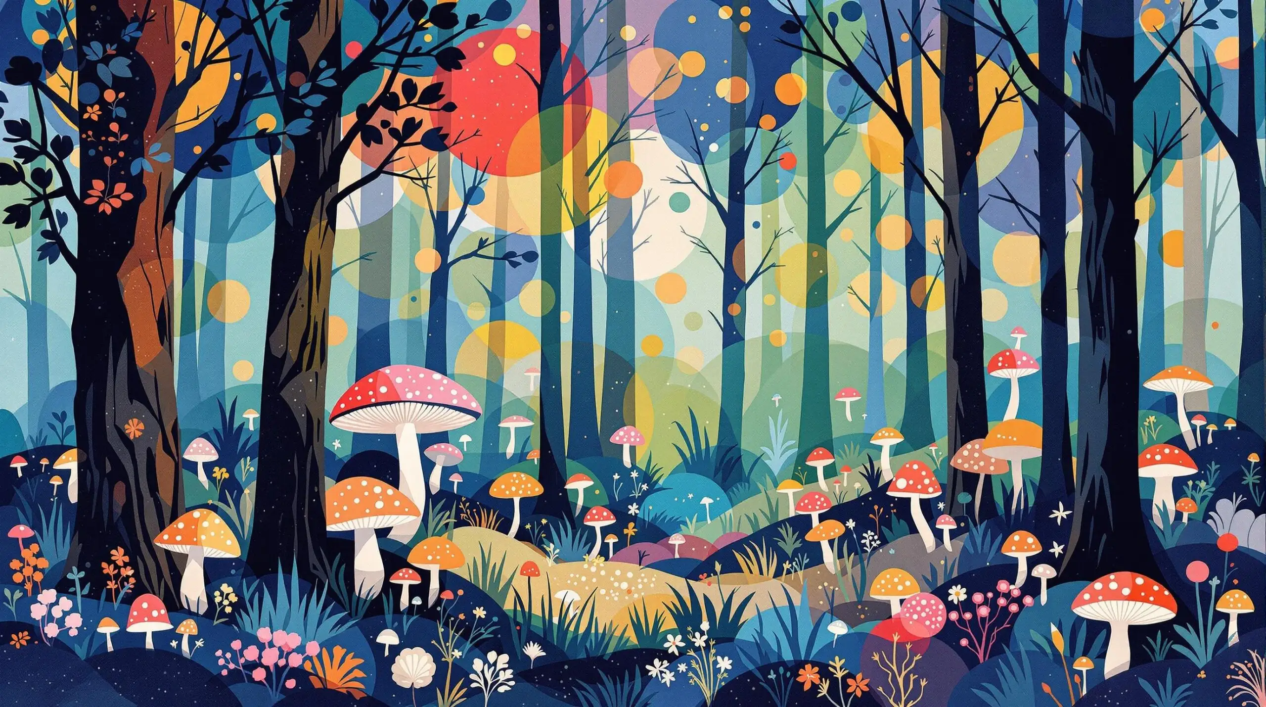 An artistic illustration of a forest featuring abstract mushrooms, blending nature and health in vivid colors.