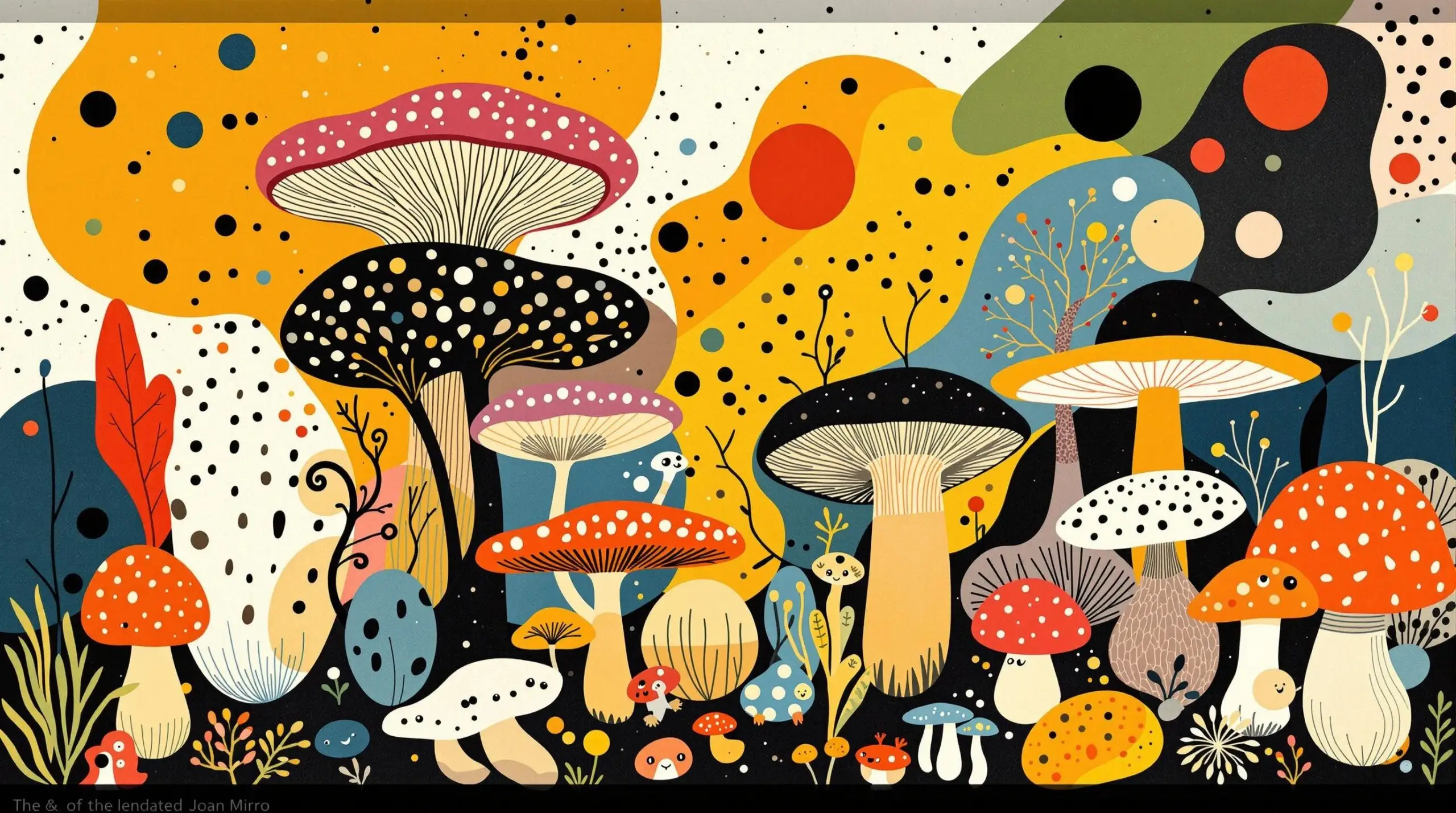 A colorful and abstract illustration of various functional mushrooms with a playful and vibrant design.