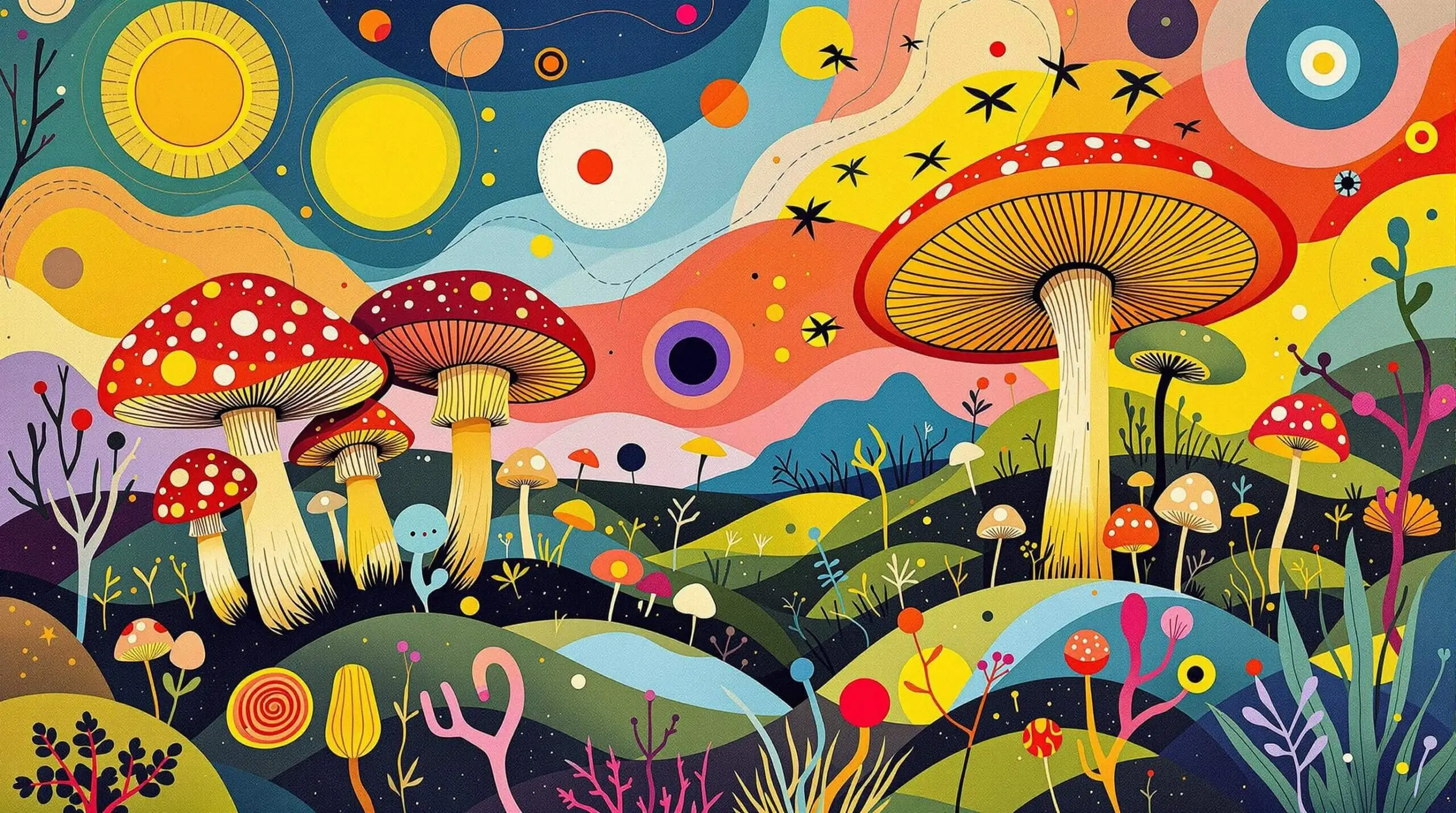 An abstract illustration of mushrooms transforming into a nutritional meal, inspired by Wassily Kandinsky.