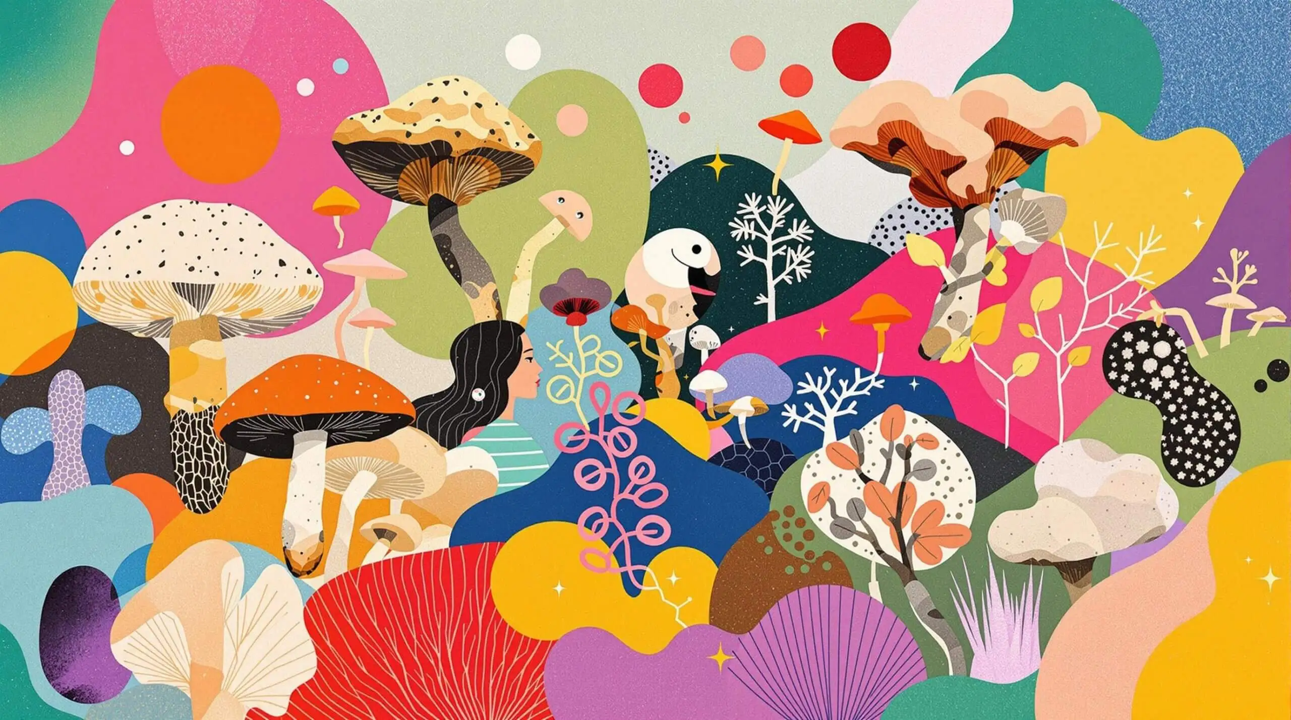 A collage illustration of fungi forming a protein molecule, inspired by Richard Hamilton.