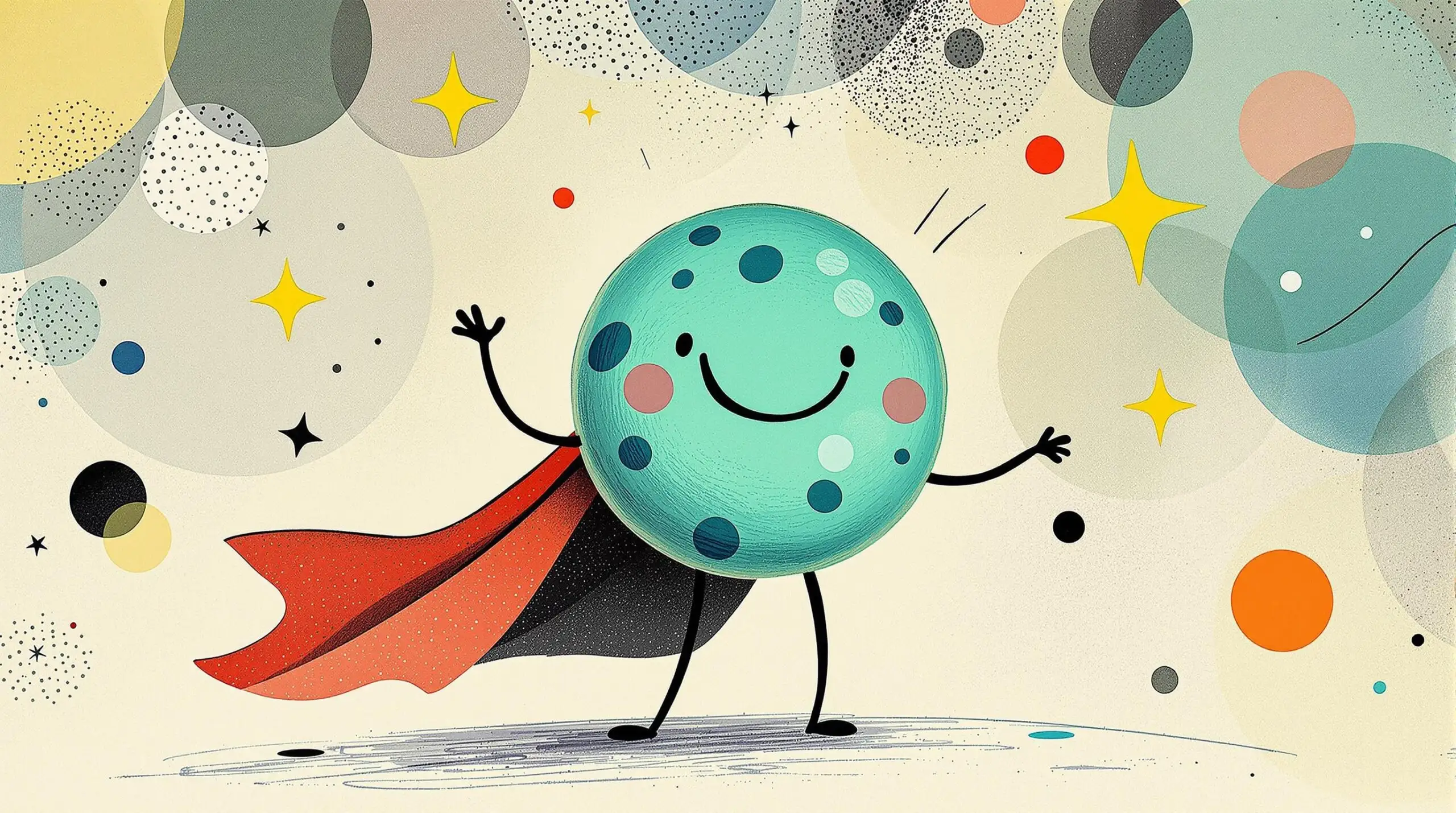 Anthropomorphized hero cell illustration with a background of stars and circles.