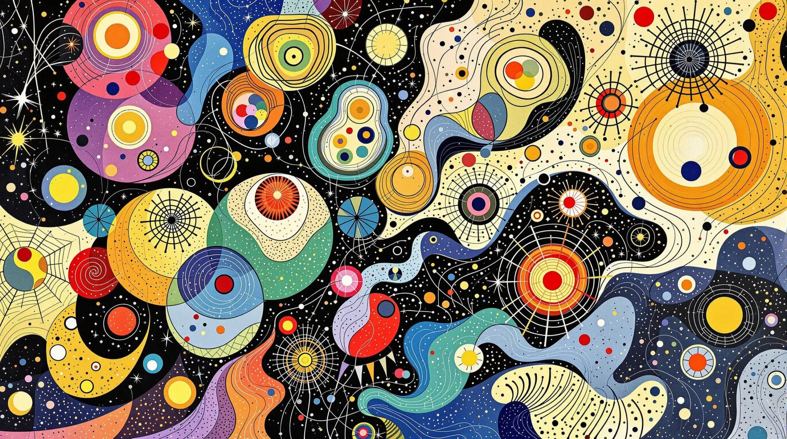 Abstract illustration featuring molecular and cellular motifs in vibrant colors and geometric shapes.