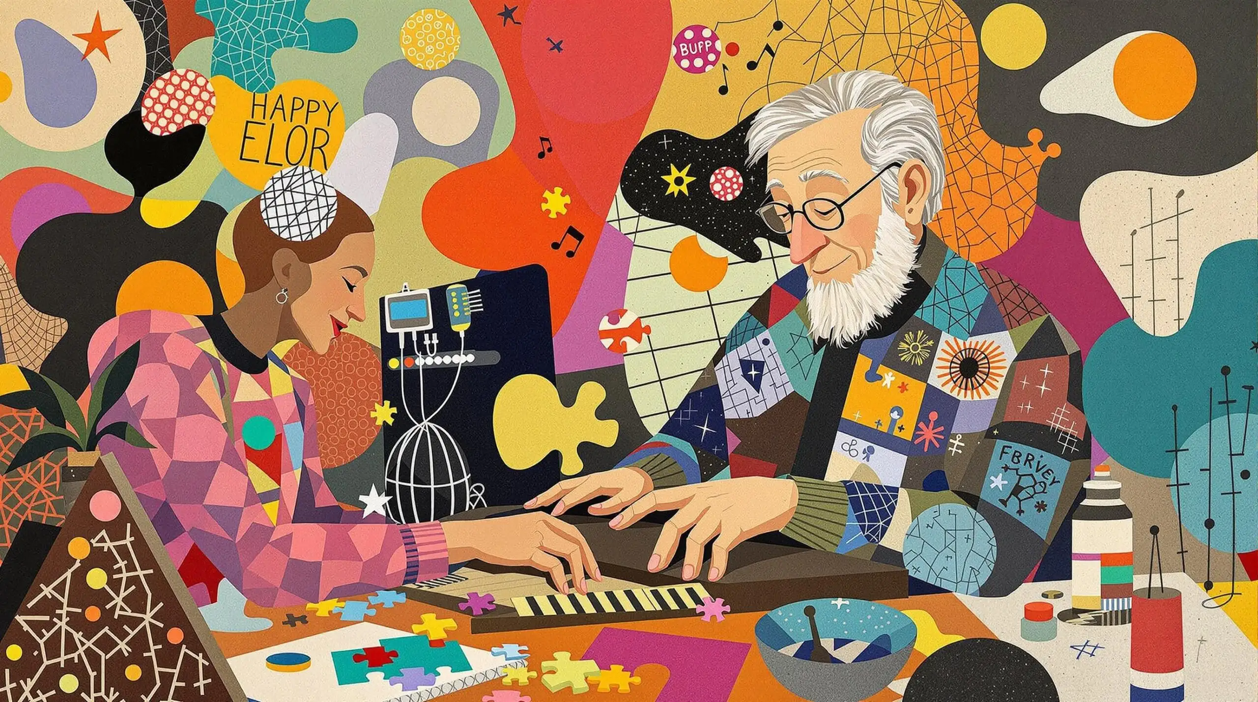 A collage-style artwork featuring an elderly person engrossed in brain-stimulating activities, inspired by Richard Hamilton.