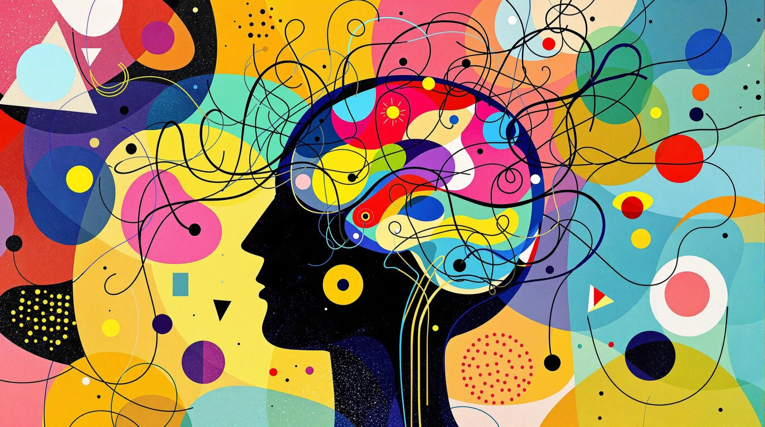 An abstract illustration of a colorful brain with swirling, playful lines and geometric patterns, inspired by Wassily Kandinsky.