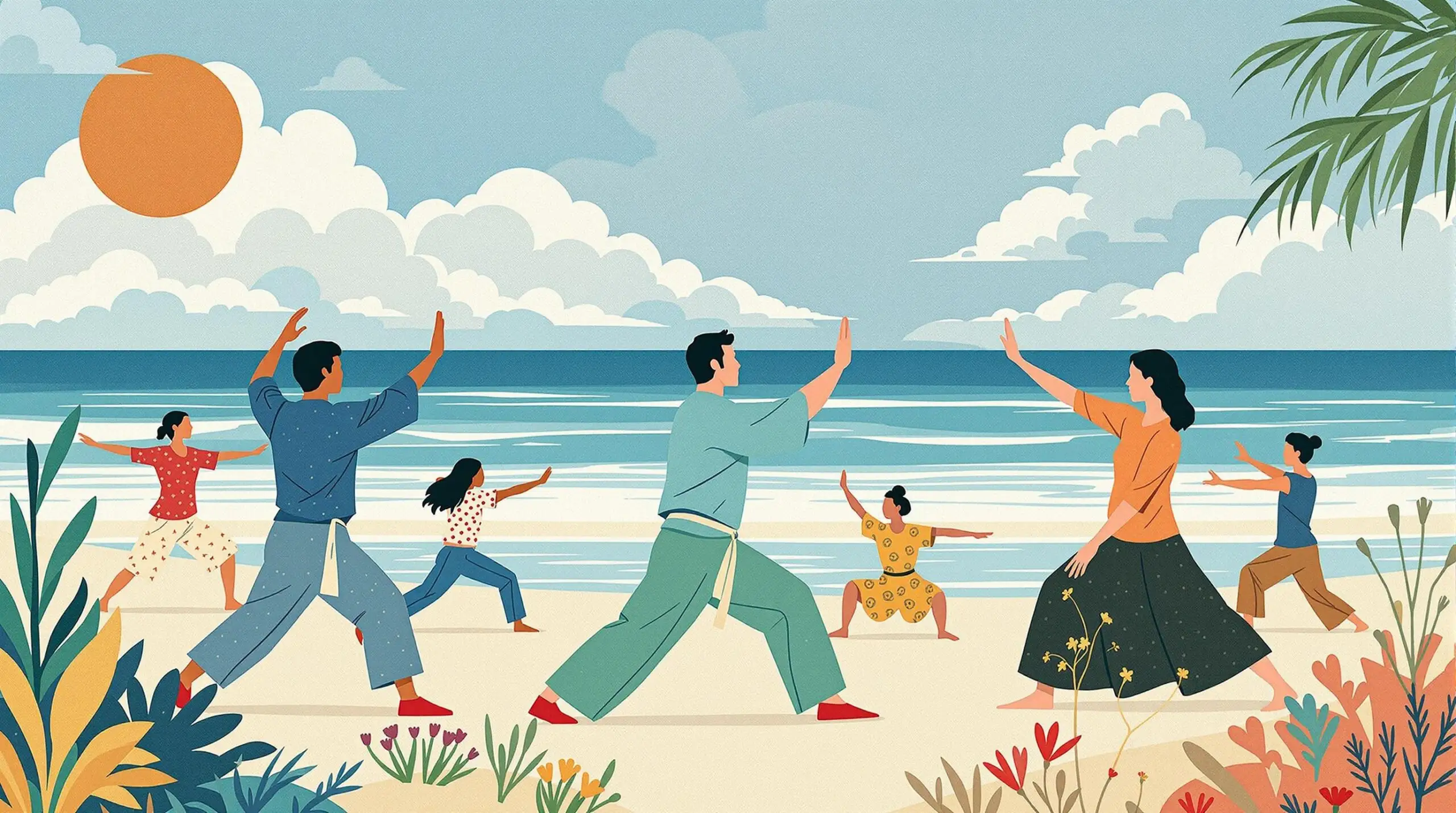 A collage-style image of people practicing Tai Chi on a beach
