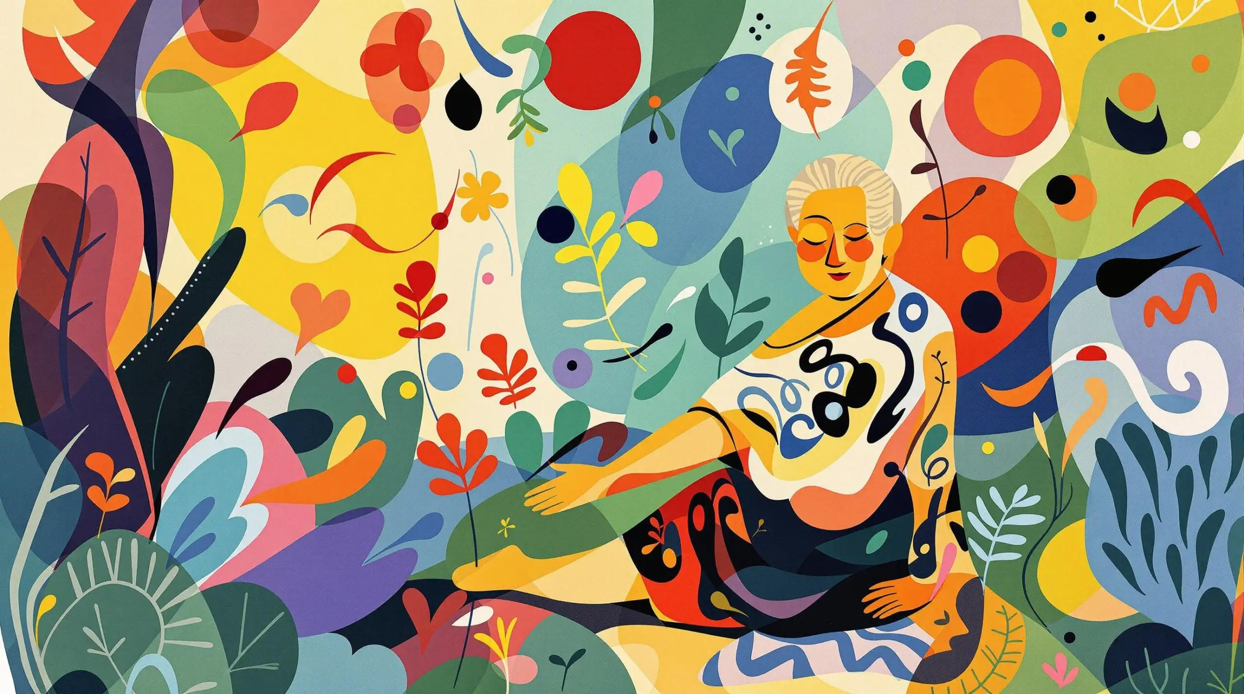 An abstract illustration of an Okinawan elder stretching in a colorful garden