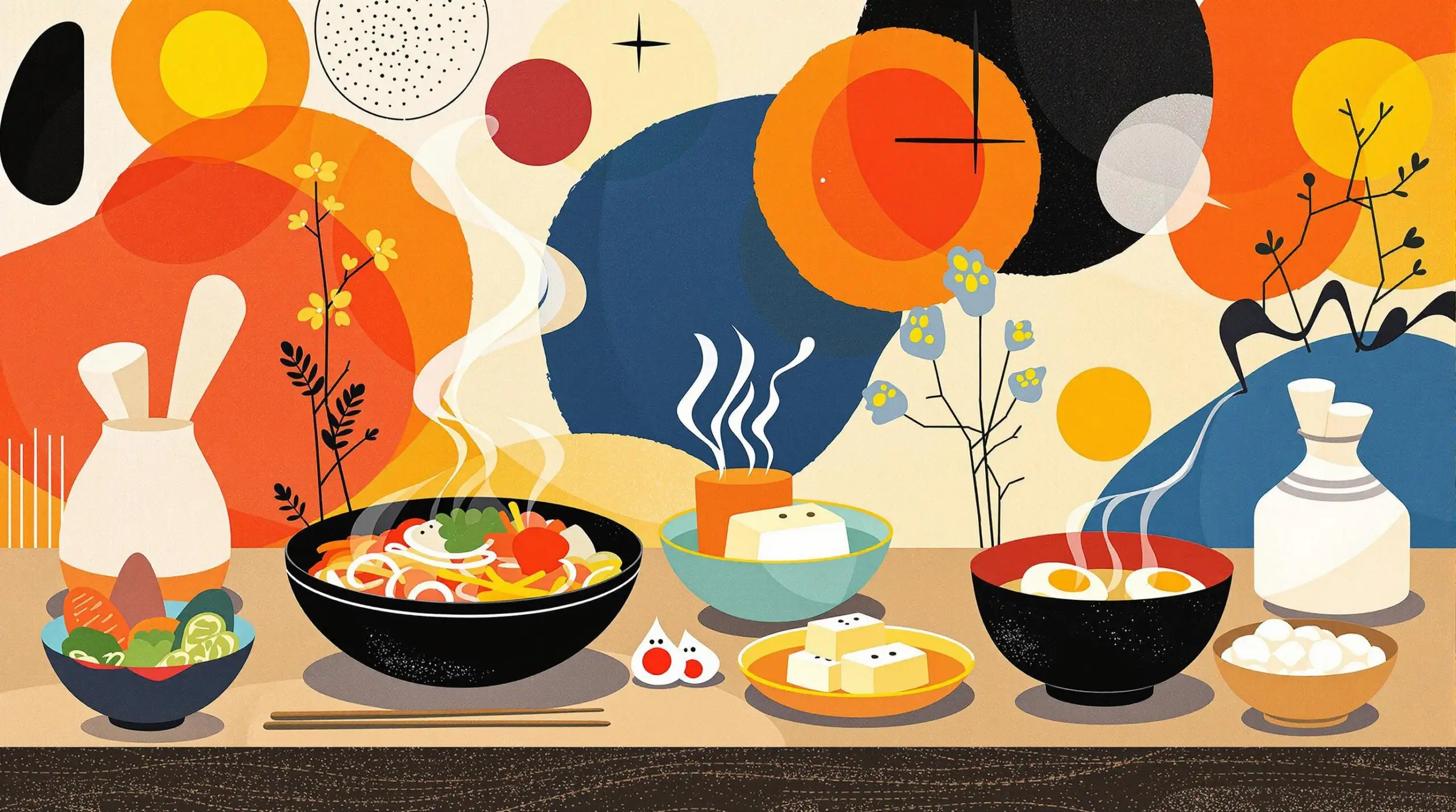 Abstract illustration of Okinawan dishes with colorful background patterns