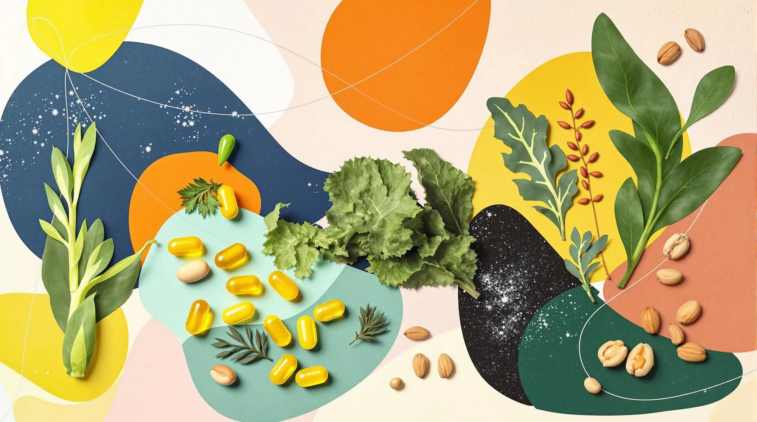 A collage featuring fish oil capsules, leafy greens, and nuts as Omega-3 sources.