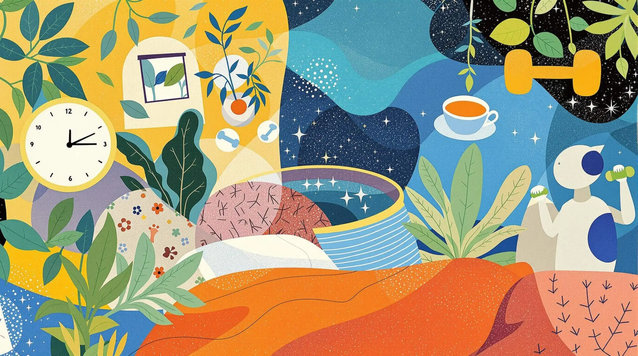 A collage featuring elements like a clock, bedroom, greens, dumbbell and herbal tea, depicting a healthy lifestyle.