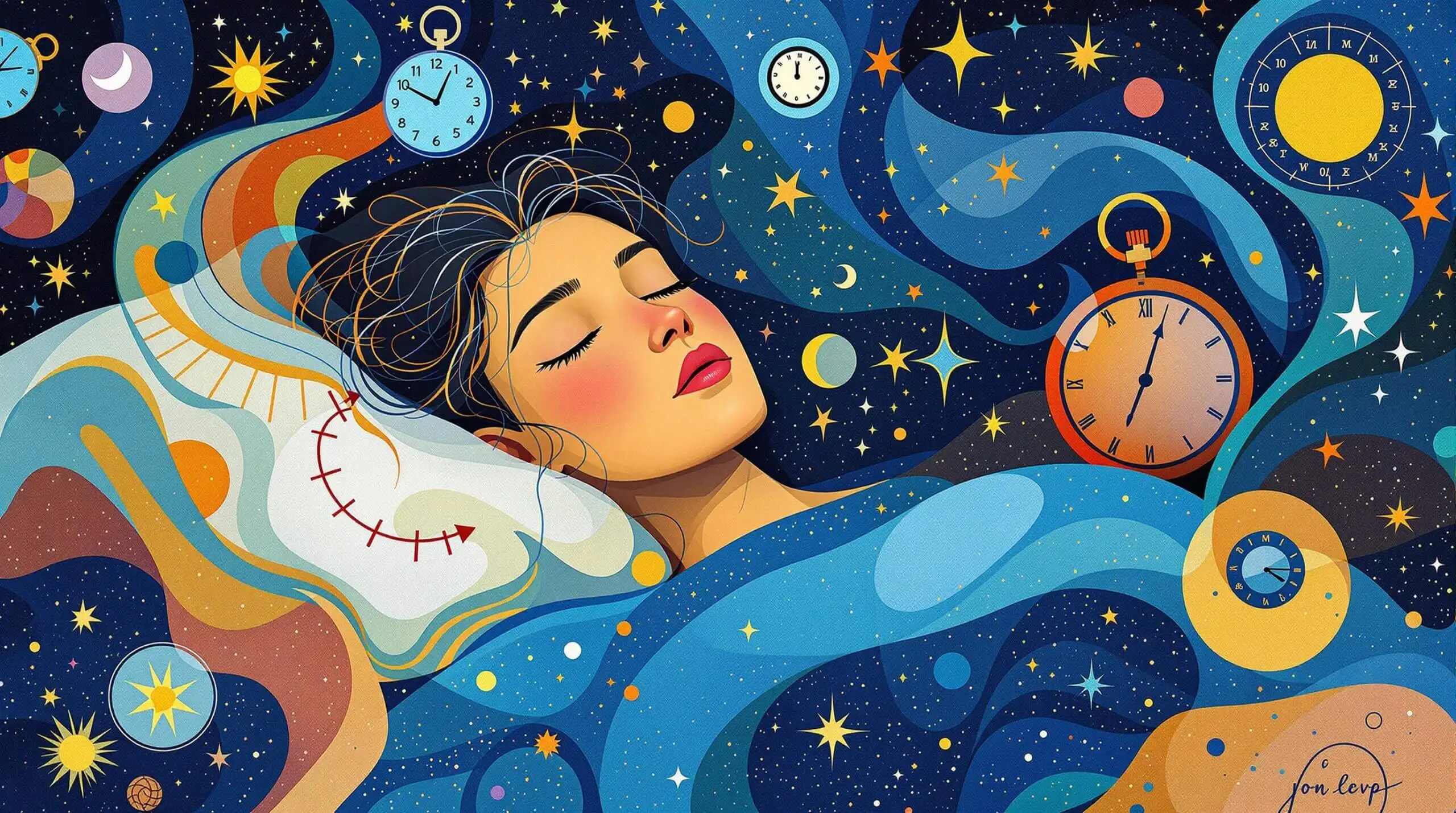A surreal illustration of a person sleeping with abstract dream elements and clocks.