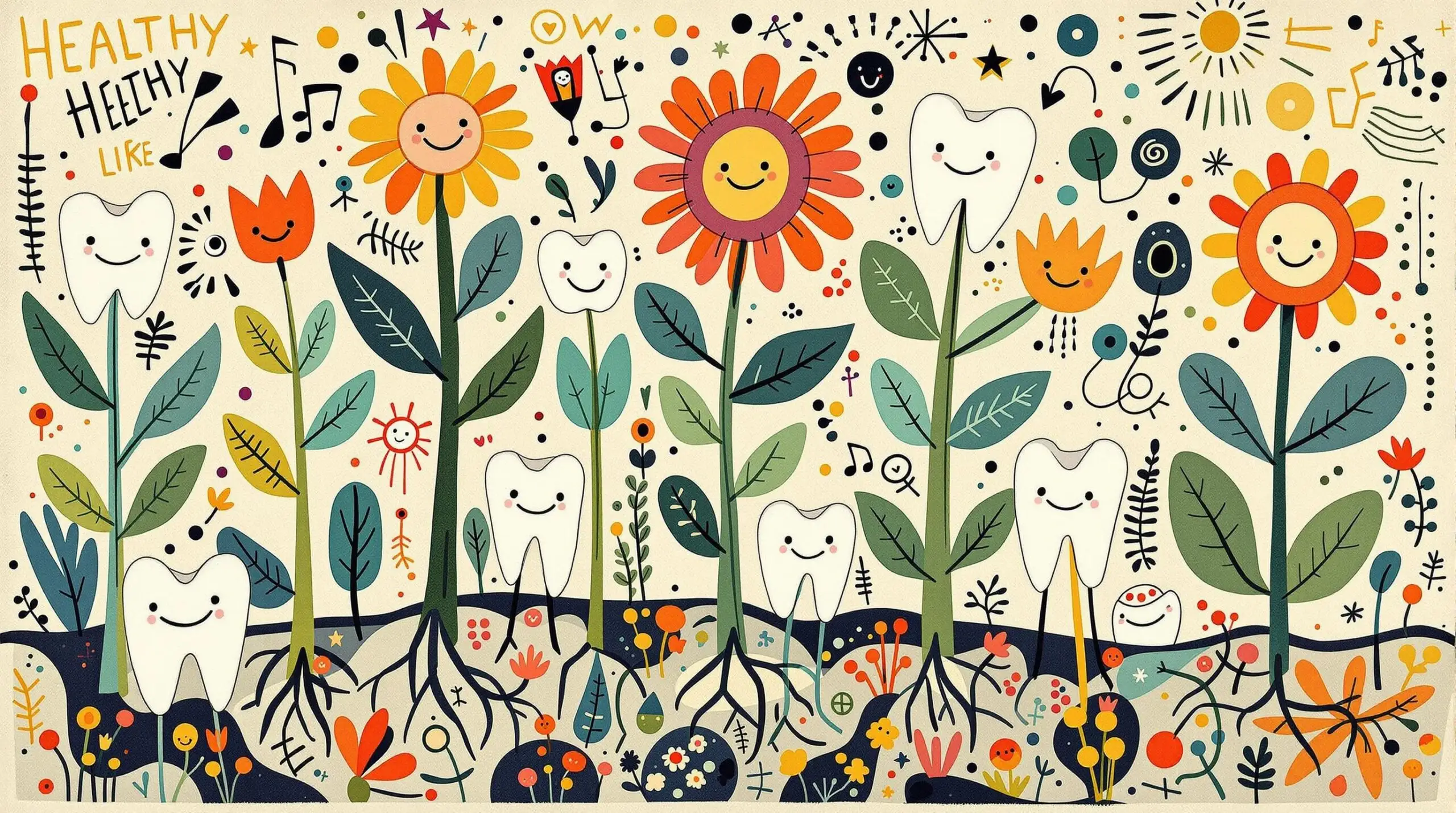 Artistic depiction of teeth connected to body systems through root-like patterns.