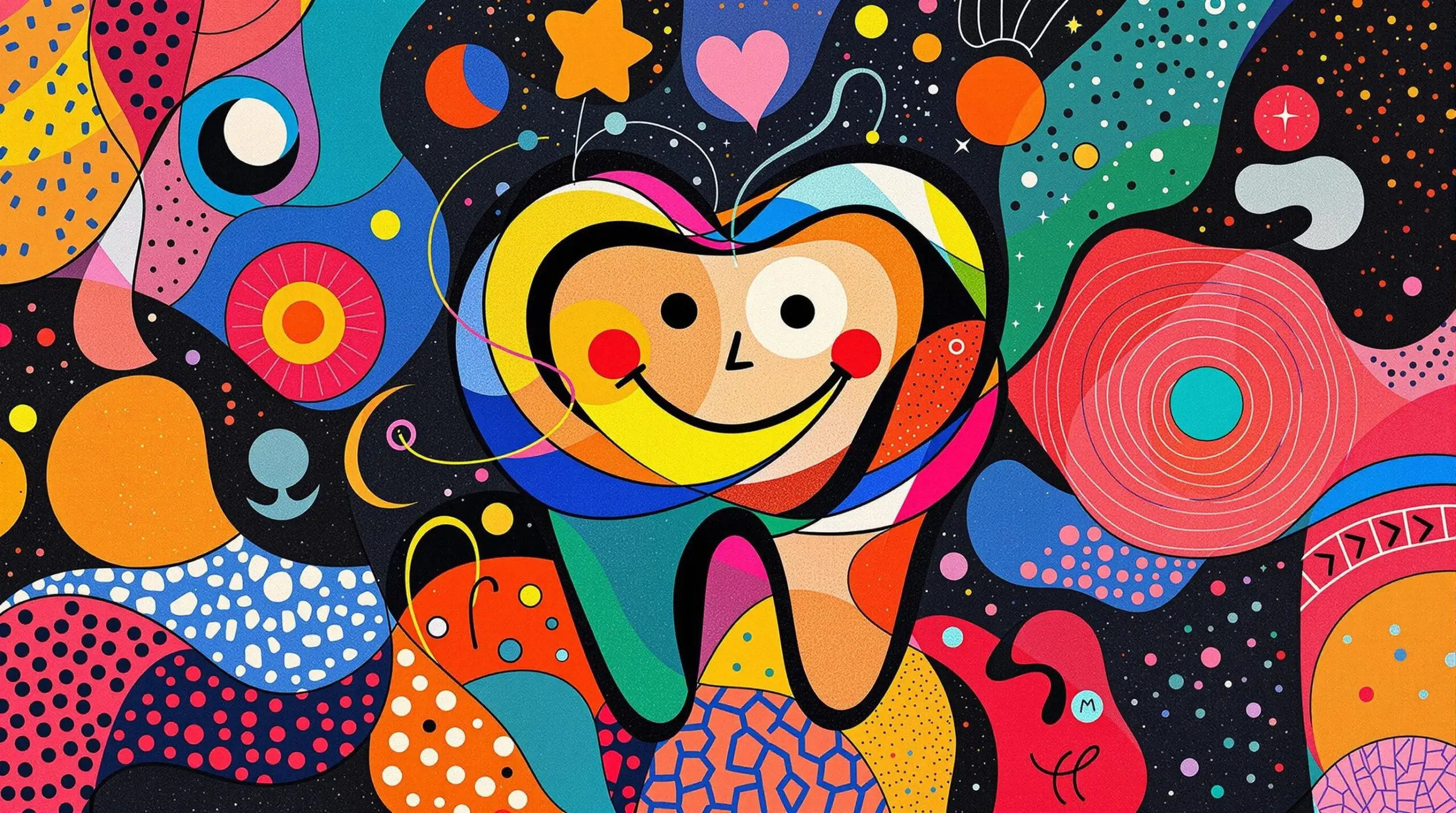 An abstract illustration of a tooth surrounded by vibrant shapes symbolizing health.