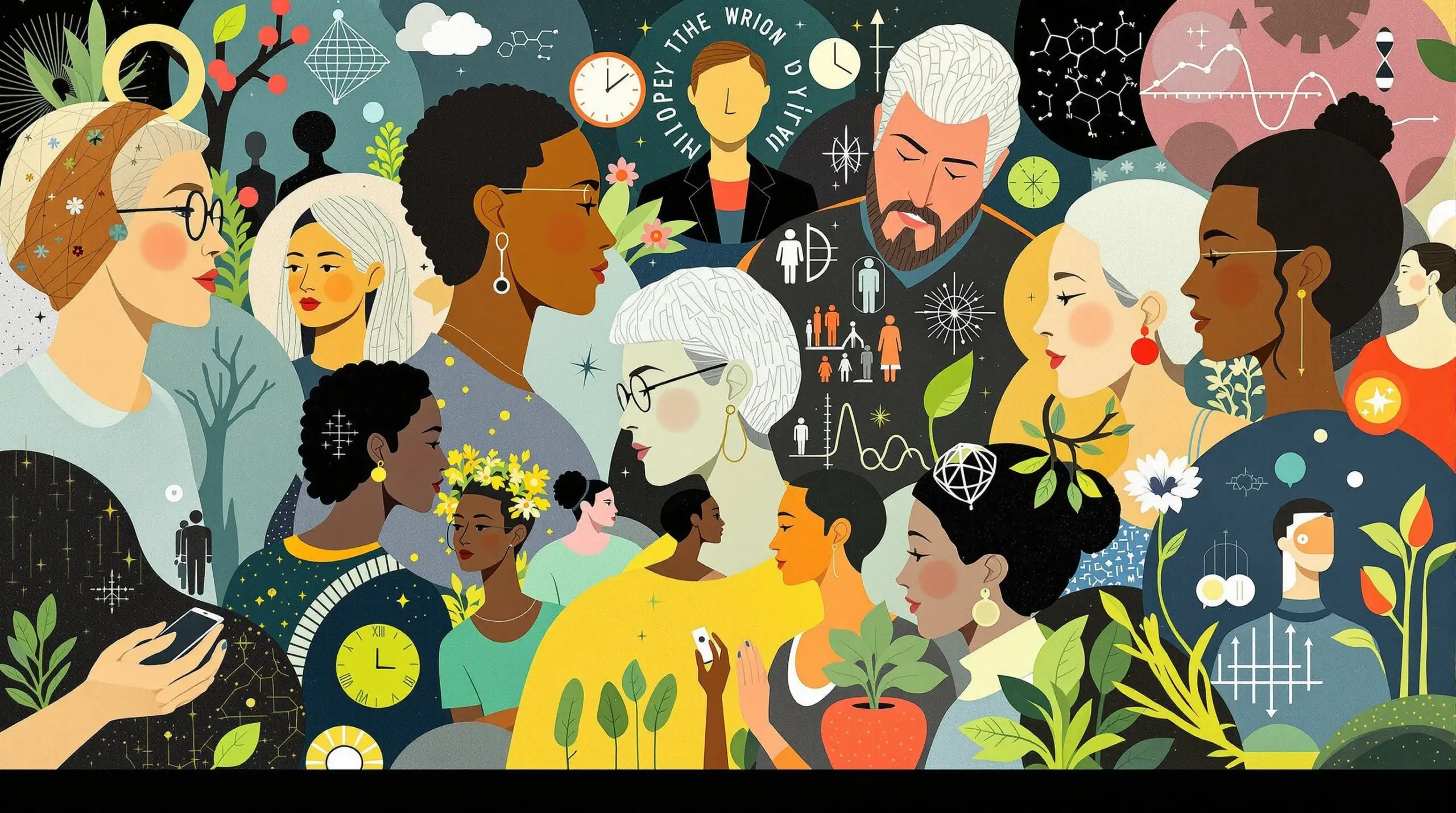 A Hannah HÃ¶ch-style collage featuring modern longevity research trends with technology, age diversity, and health elements.