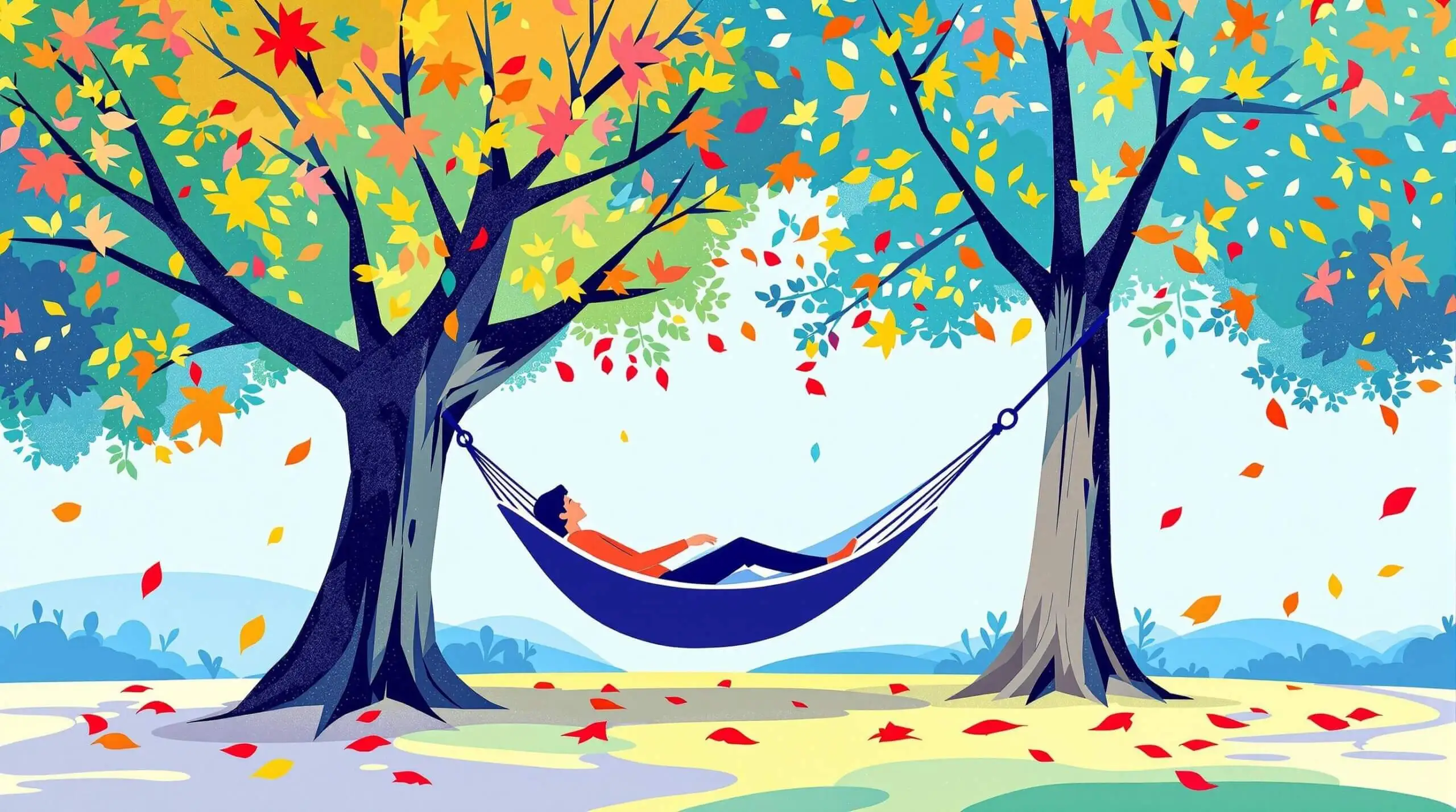 A person lying in a hammock in a park surrounded by vibrant, abstract elements and falling leaves.