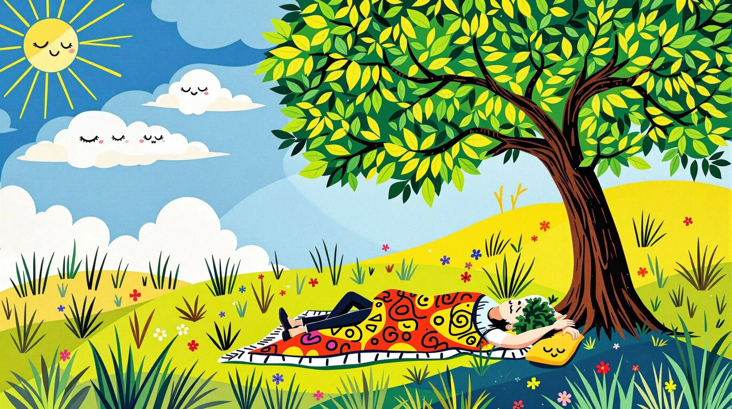 A person peacefully napping under a large tree with expressive clouds overhead and sunrays.