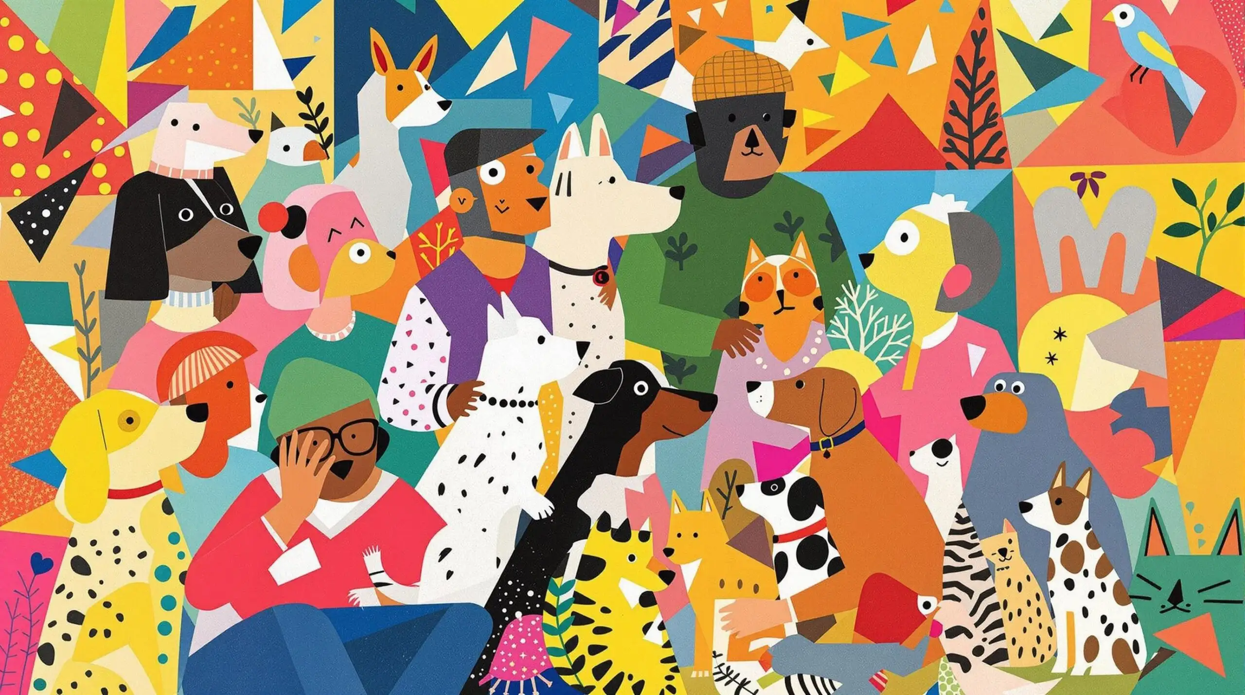 A collage of various pets and people, with a colorful pattern background.