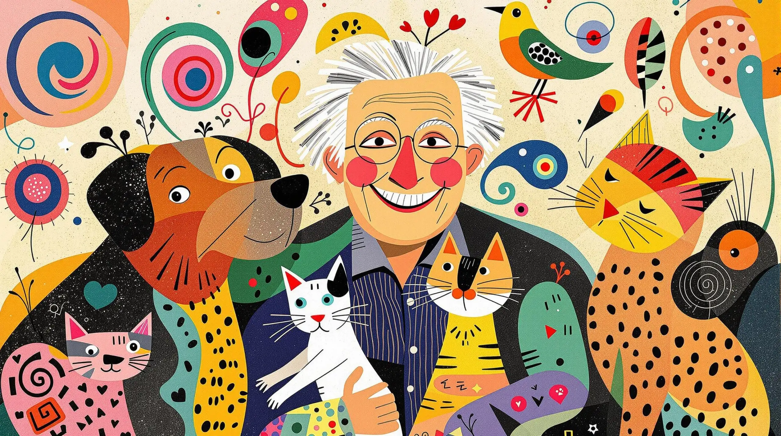 An elderly person surrounded by a dog, cat, and bird, with an abstract, colorful background.