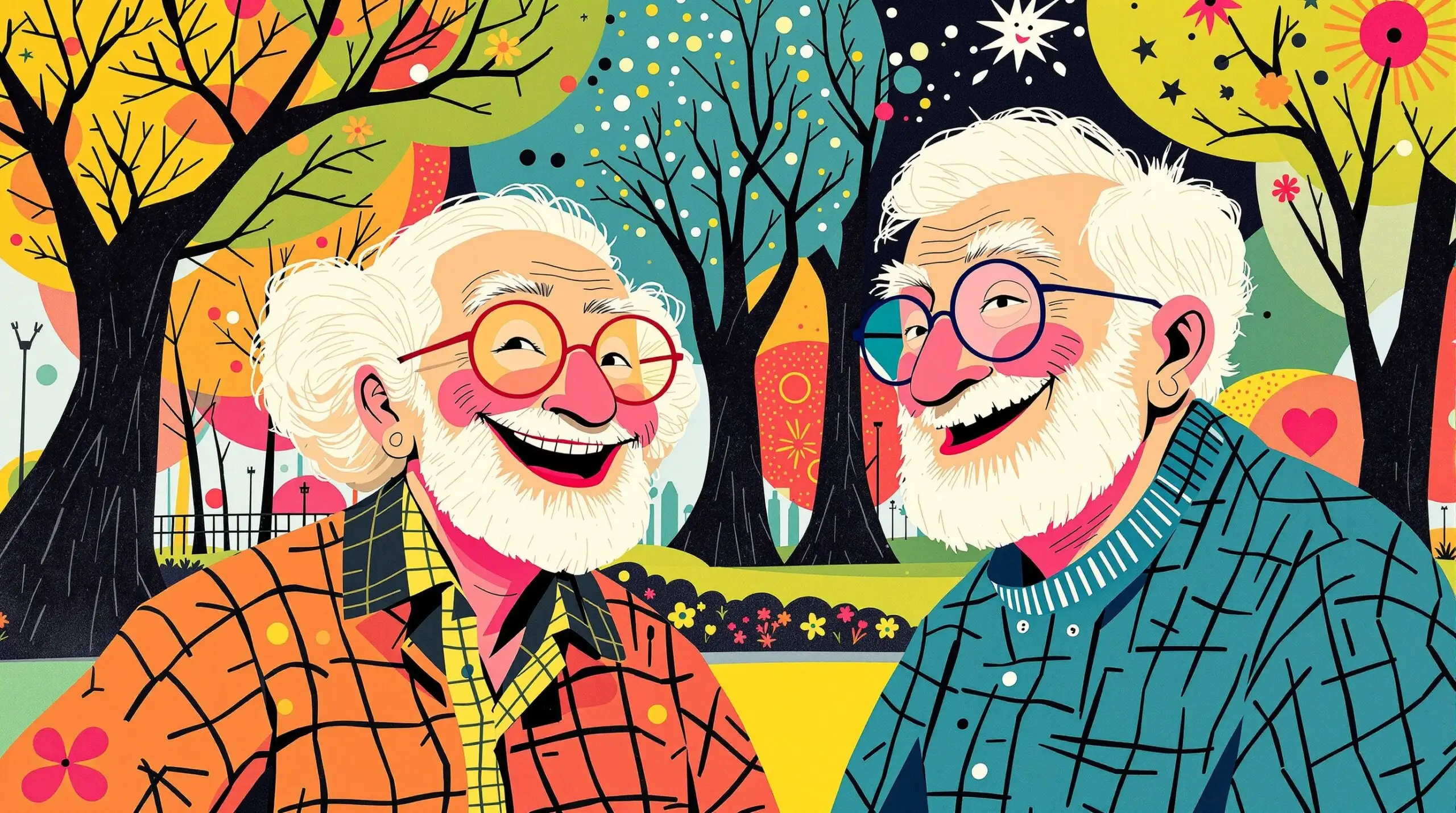 A playful and energetic scene of an elderly couple in a park surrounded by vibrant abstract patterns.