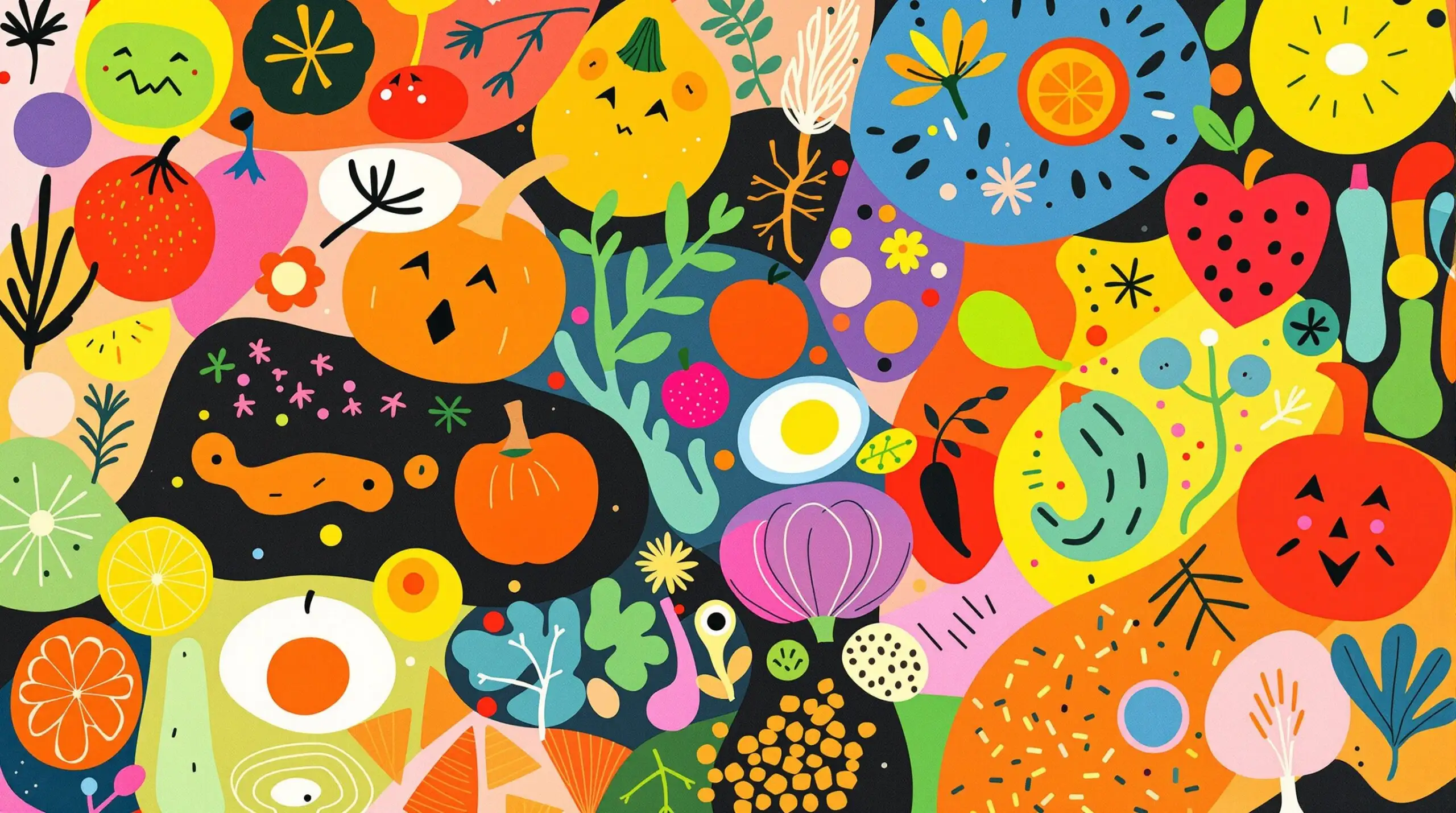 An artistic representation of a variety of plant-based foods in vibrant, abstract shapes and colors.
