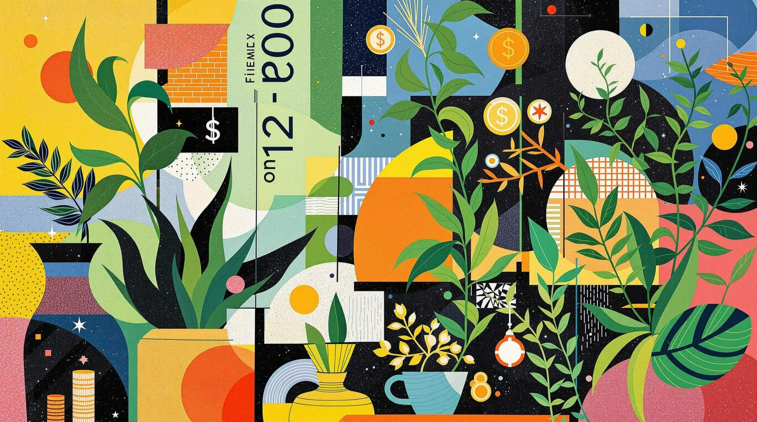 Abstract illustration of financial symbols and green plants.