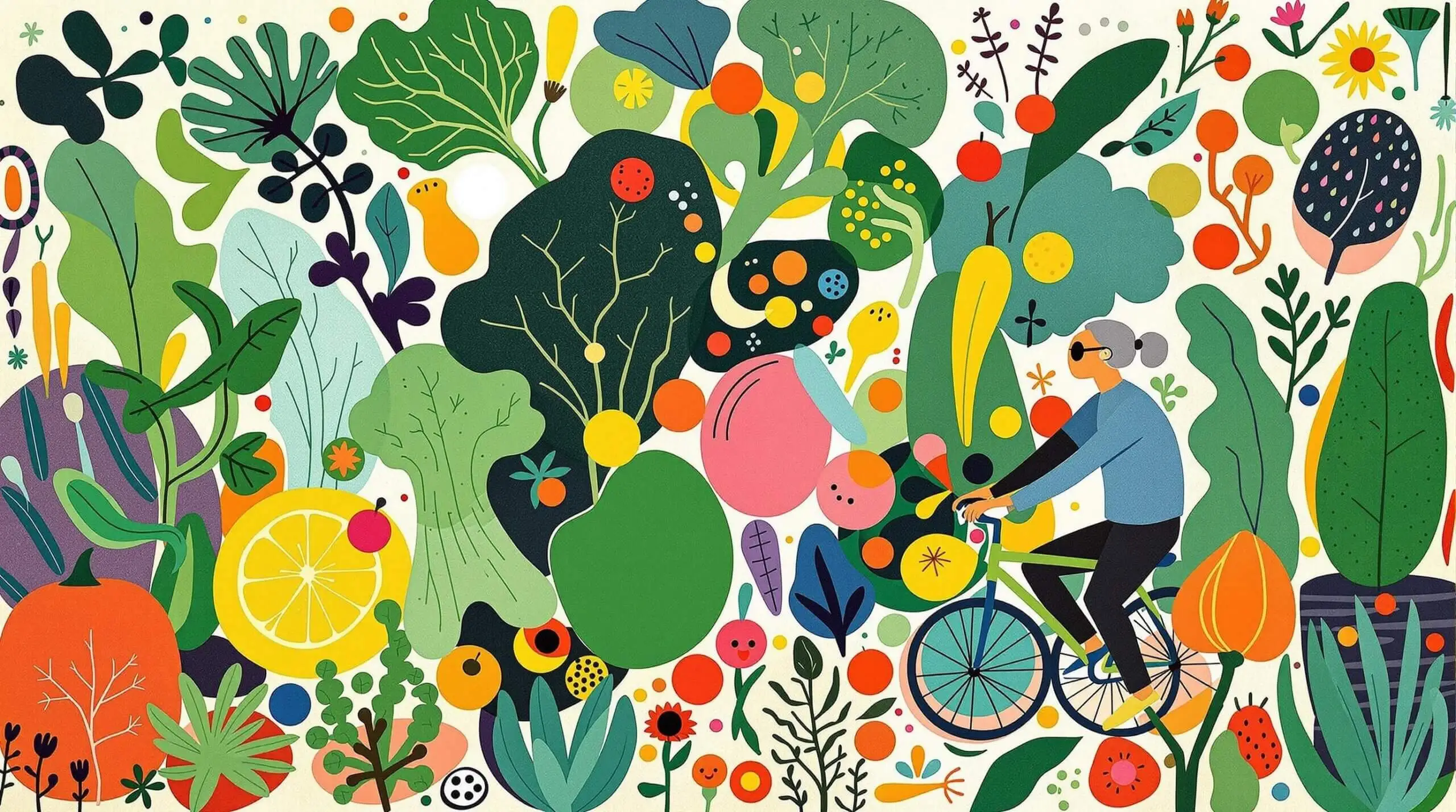 Abstract collage of plant-based foods with an energetic elderly person.