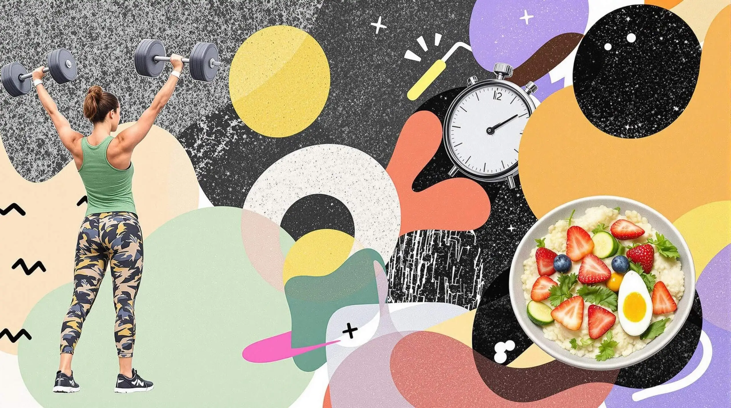 A collage featuring various fitness activities and healthy habits against an abstract background.