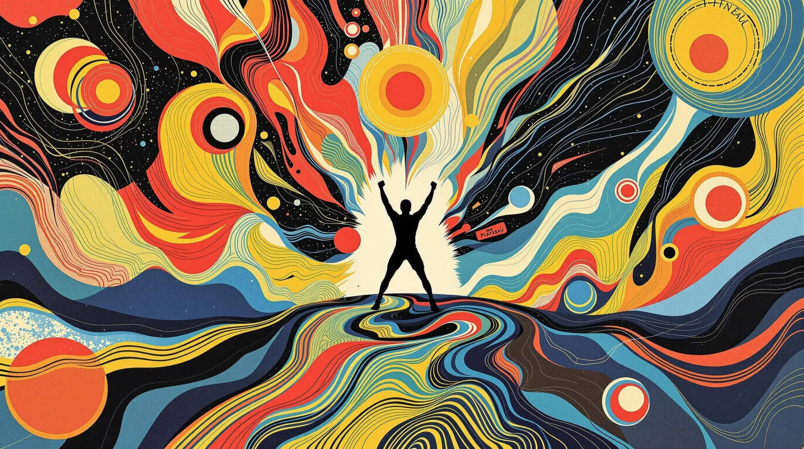 An illustration of a person breaking through a literal and metaphorical fitness plateau surrounded by colorful abstract shapes.