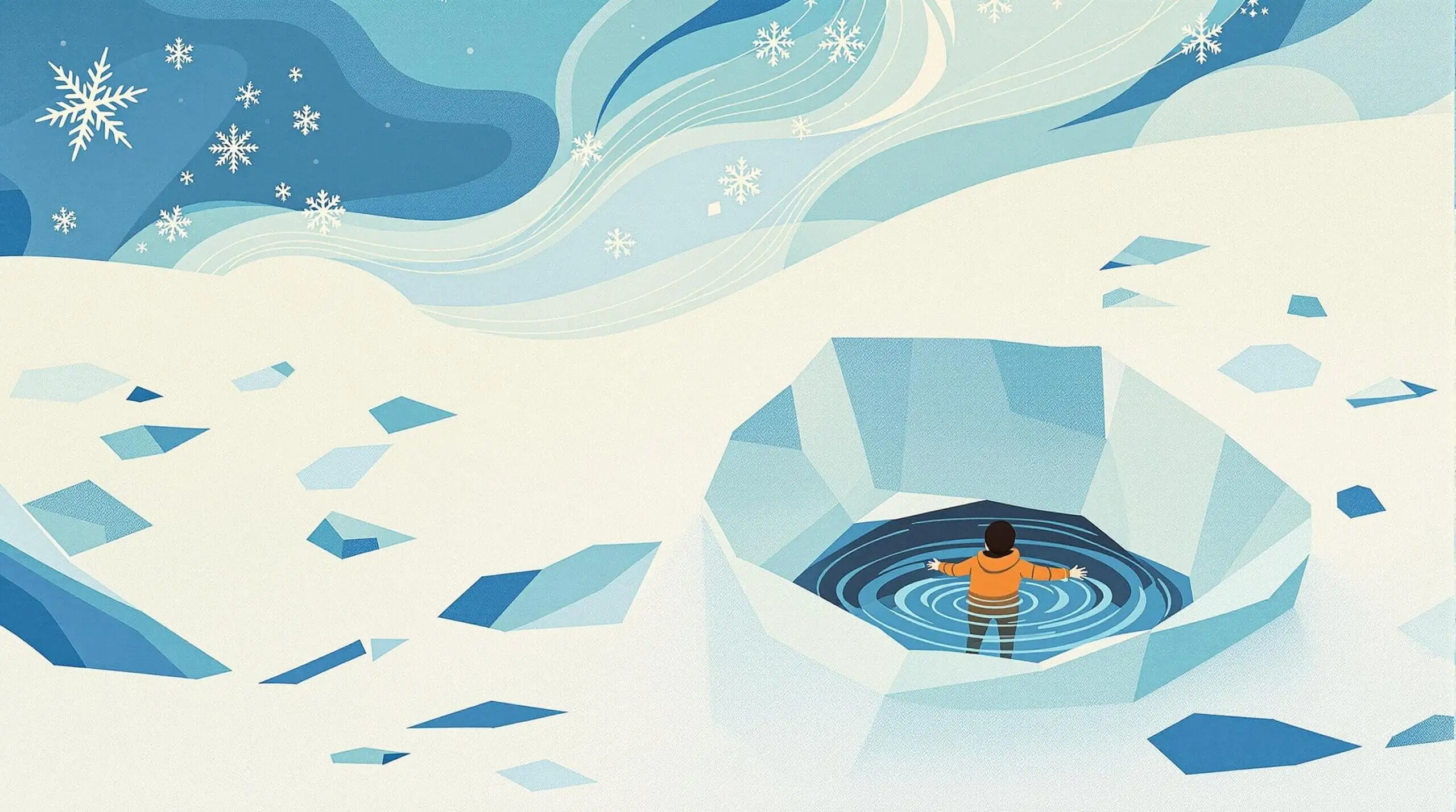 A person immersing themselves in icy waters through a hole in the ice.