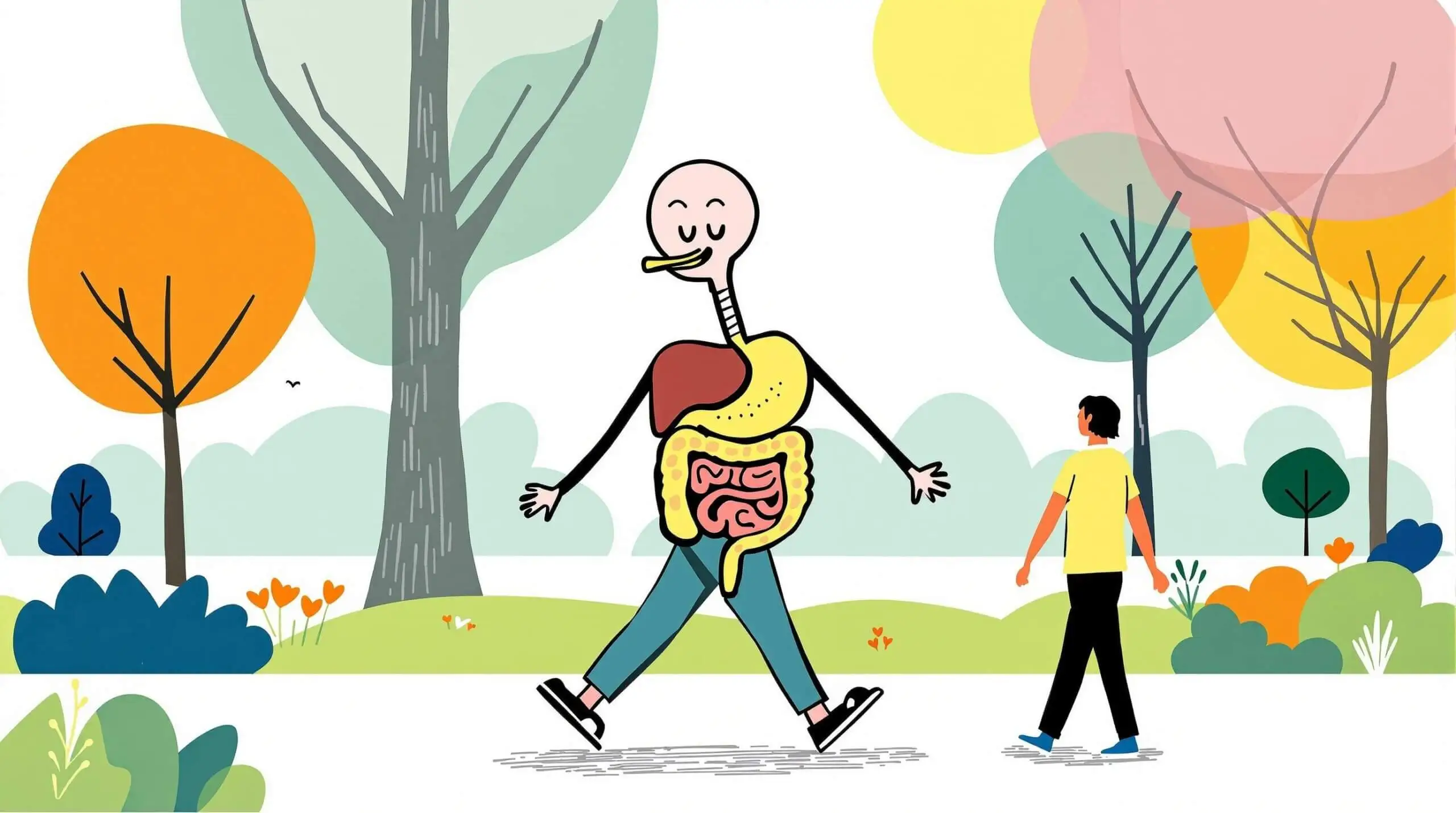 A cartoon digestive system on a walk with a person, in Kandinsky's artistic style.