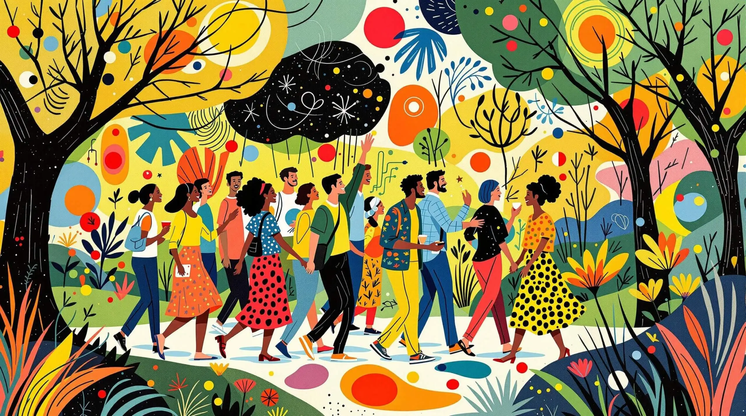 A diverse group of people walking in a park, depicted with vibrant colors in a Joan Miró style.
