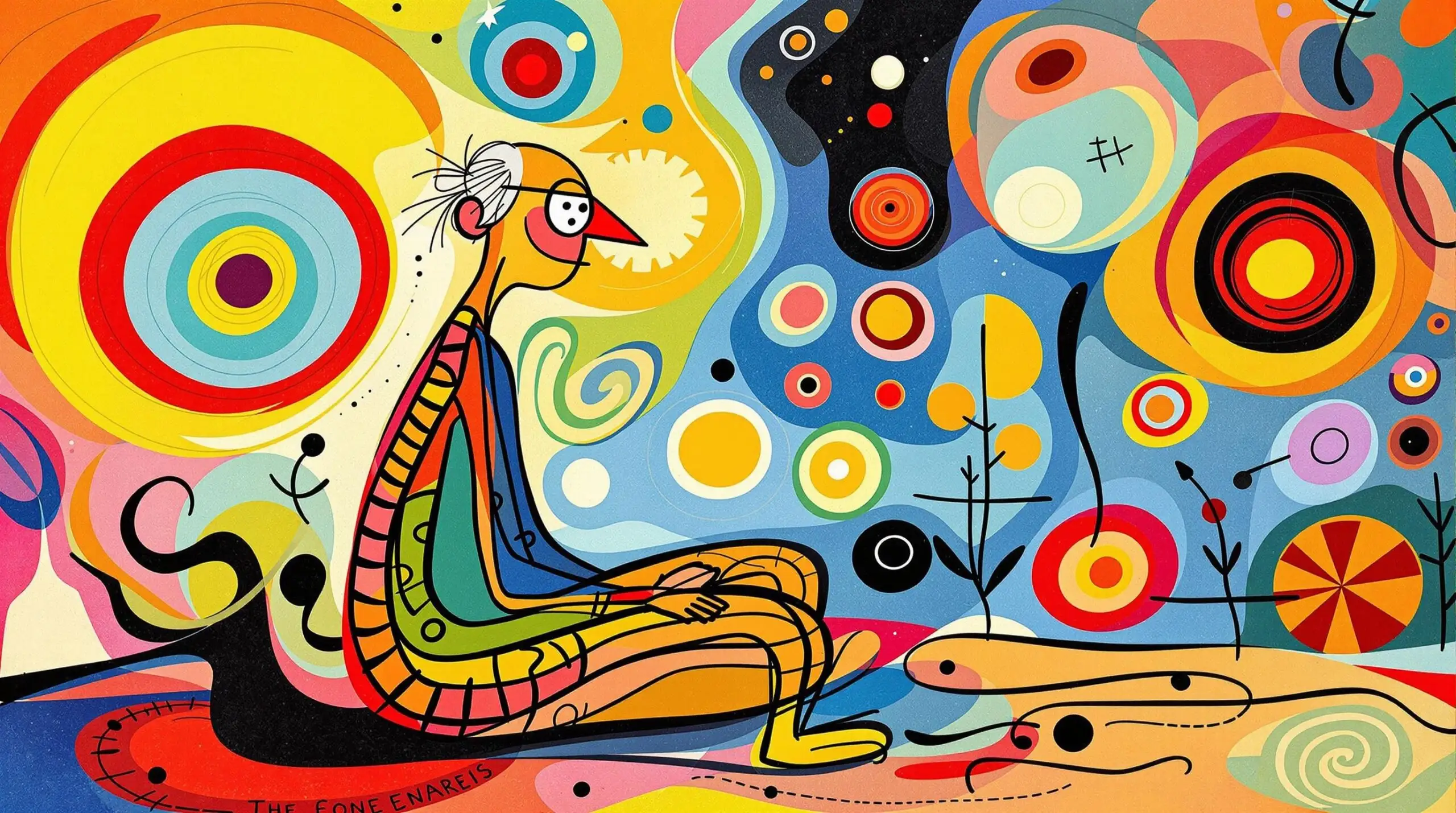 An abstract depiction of an older person with perfect posture and colorful patterns symbolizing energy.