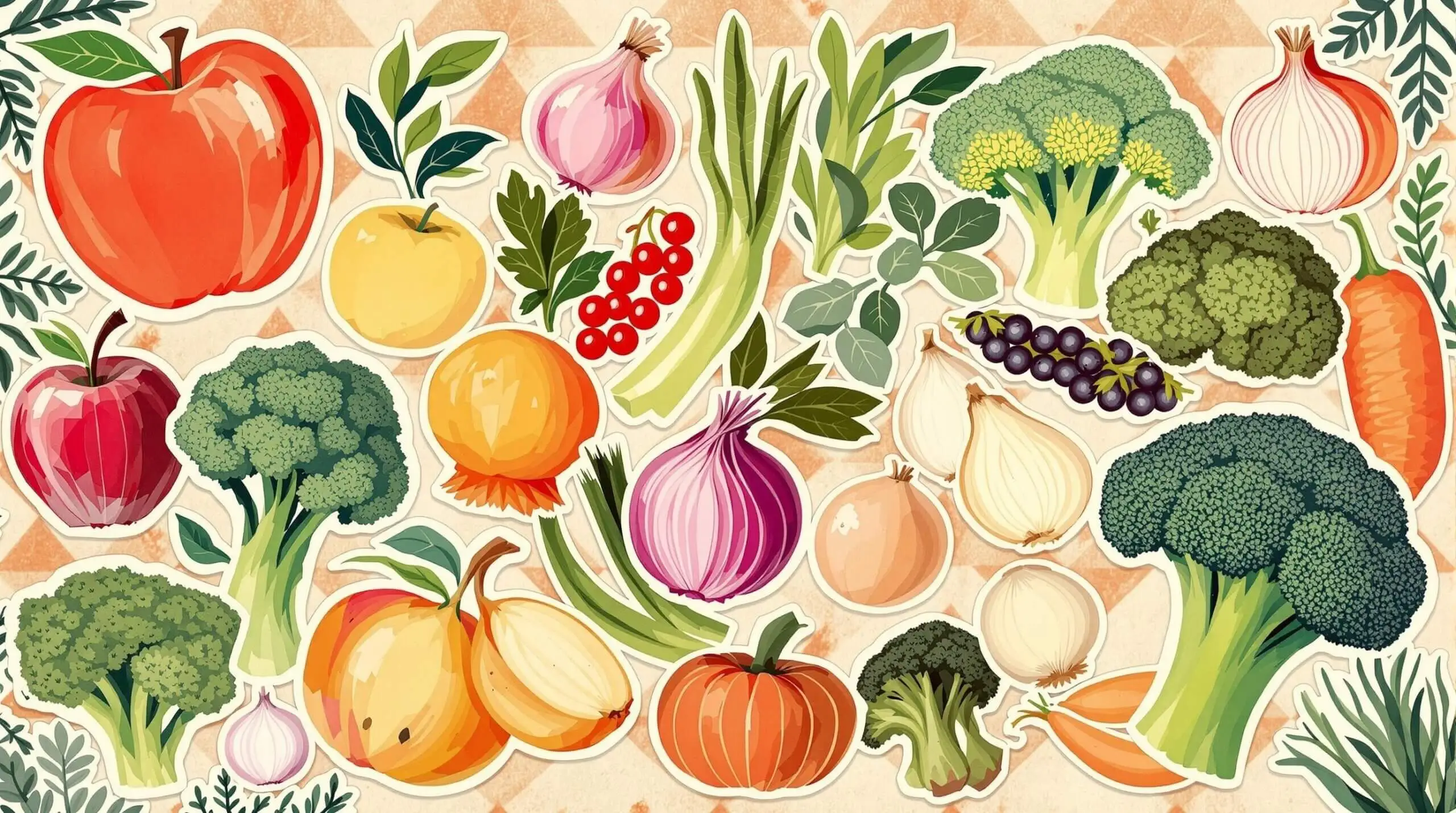 Illustration collage of quercetin-rich foods like apples and onions.