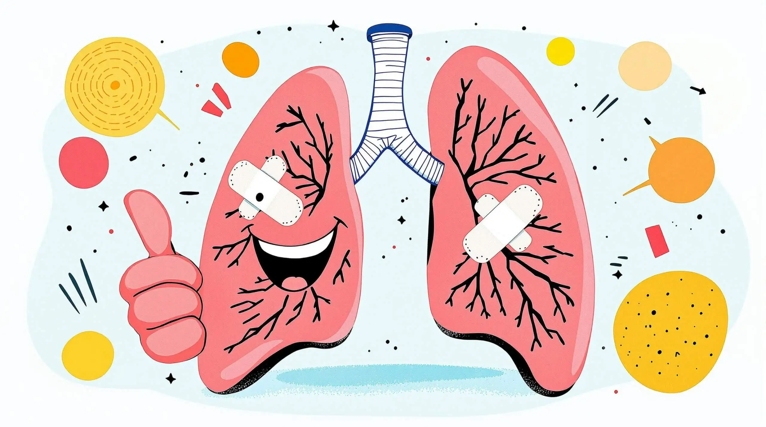 A comical illustration of smiling lungs with a band-aid giving a thumbs up.