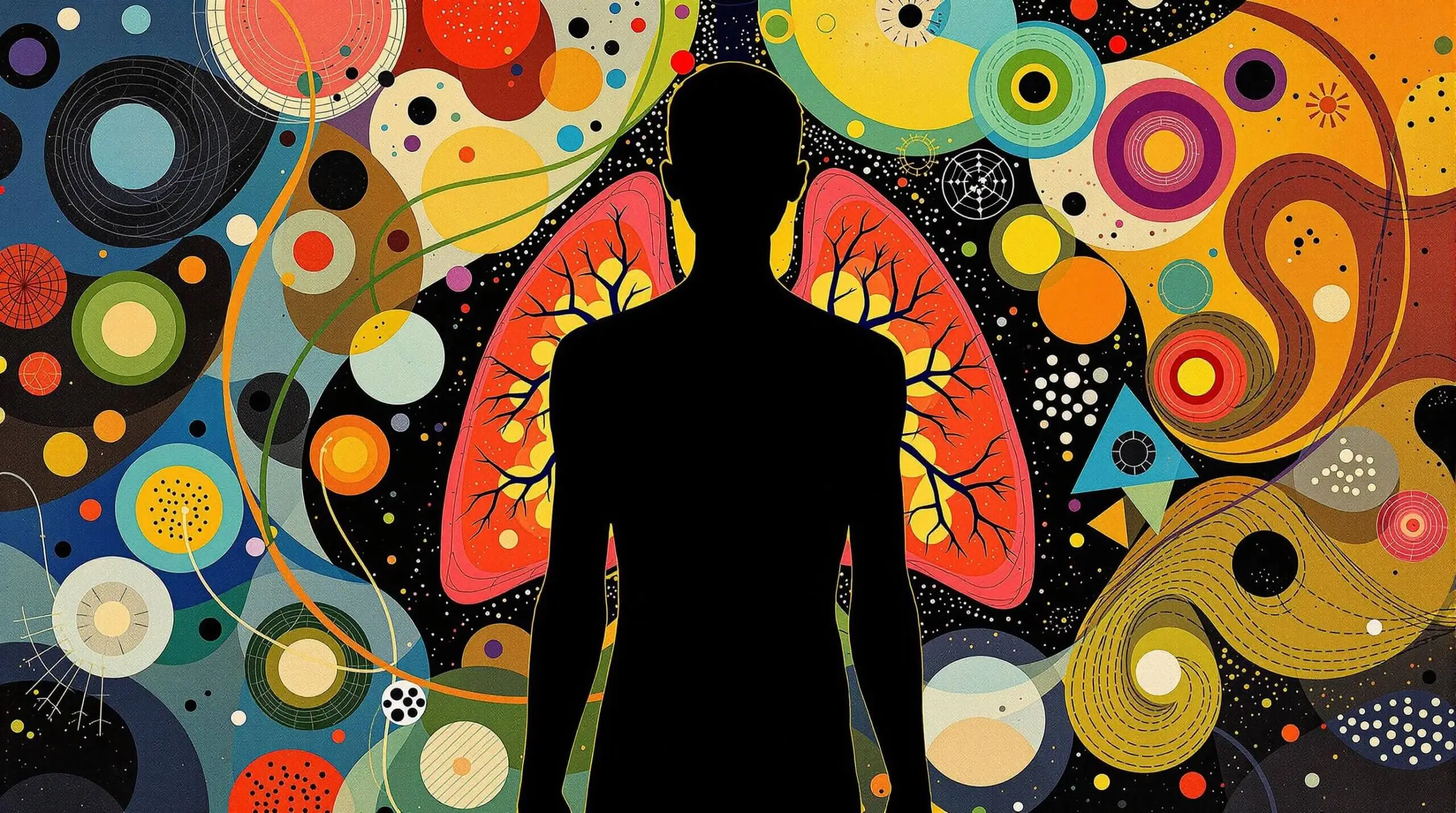 An abstract illustration of a human silhouette with regenerating cells and vibrant lungs.