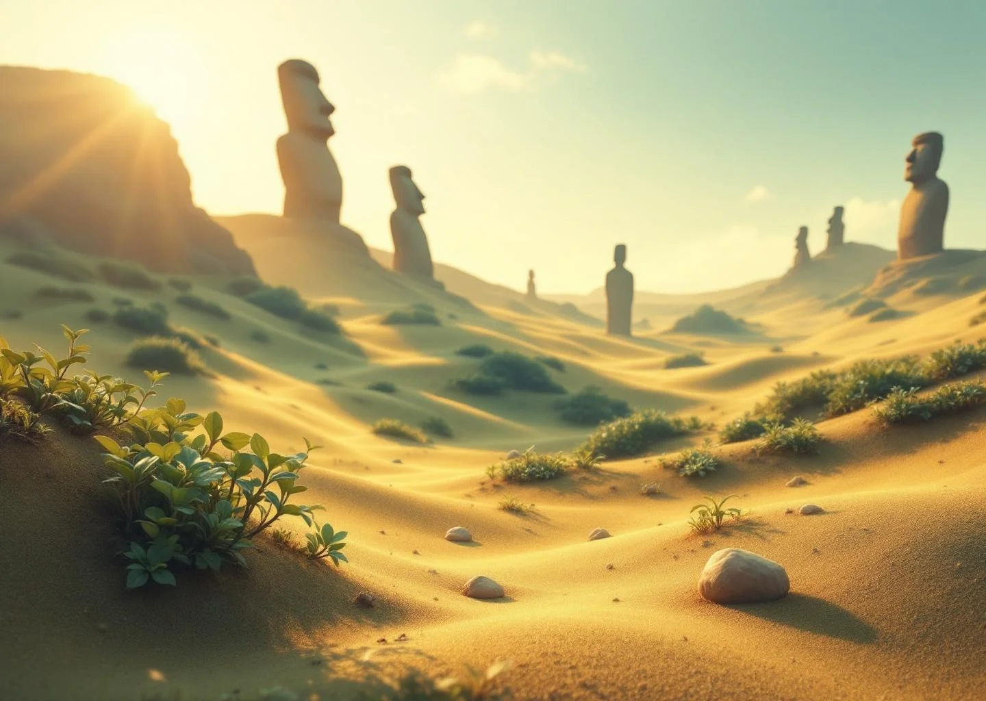 An abstract landscape inspired by Easter Island, featuring silhouettes of moai statues and elements of soil and plant life, with a warm and soft color palette symbolizing nature and longevity.