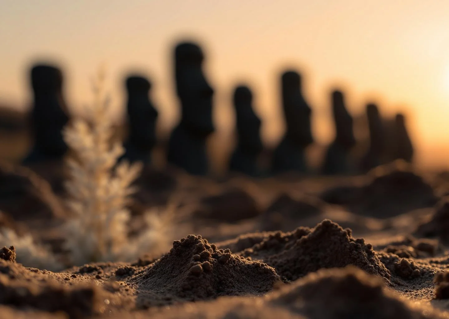 Abstract representation of Easter Island landscape with Moai statues and soil elements, evoking themes of discovery and longevity.