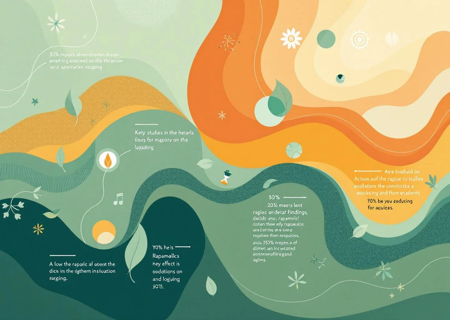 Abstract infographic illustrating studies and findings on rapamycin's effects on aging, featuring swirling lines and organic shapes in soft, warm colors.