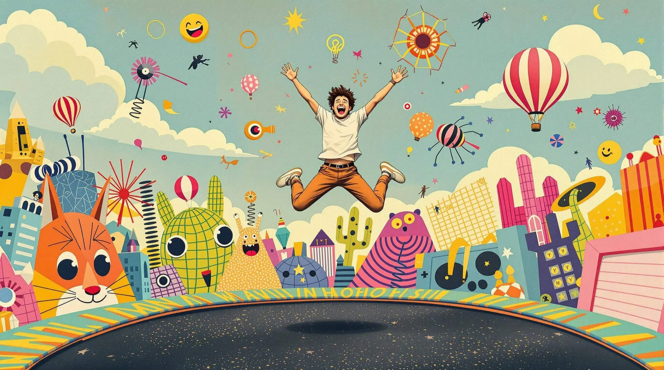 A collage-style illustration of a person joyfully jumping on a trampoline with exaggerated, playful elements