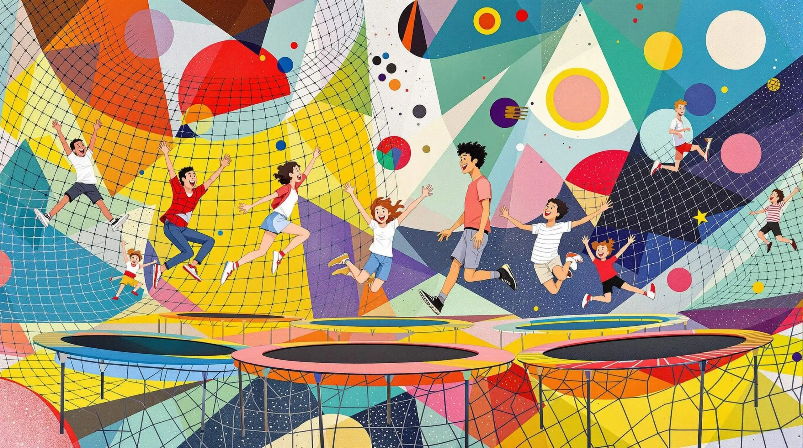 An artistic illustration of adults and children jumping on trampolines with abstract shapes in the background